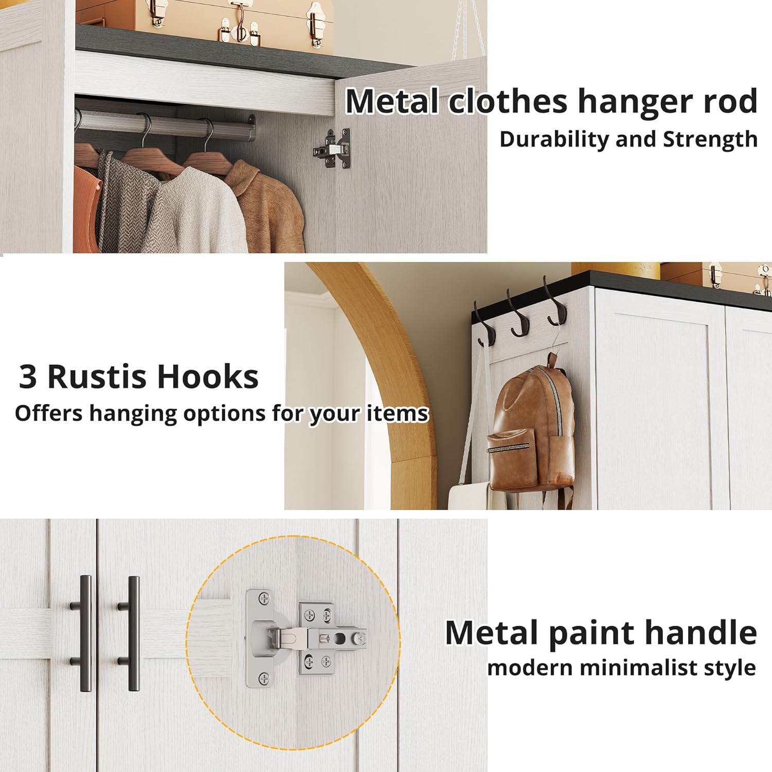 Close-up details of the wardrobe: metal hanger rod, 3 hooks, metal paint handles, and cushioned hinges