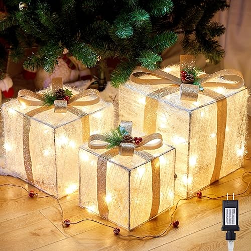 3 cajas de regalo iluminadas para decoración de Navidad, caja de regalo iluminada de 12 pulgadas, 10 pulgadas y 8 pulgadas, con 60 bombillas LED