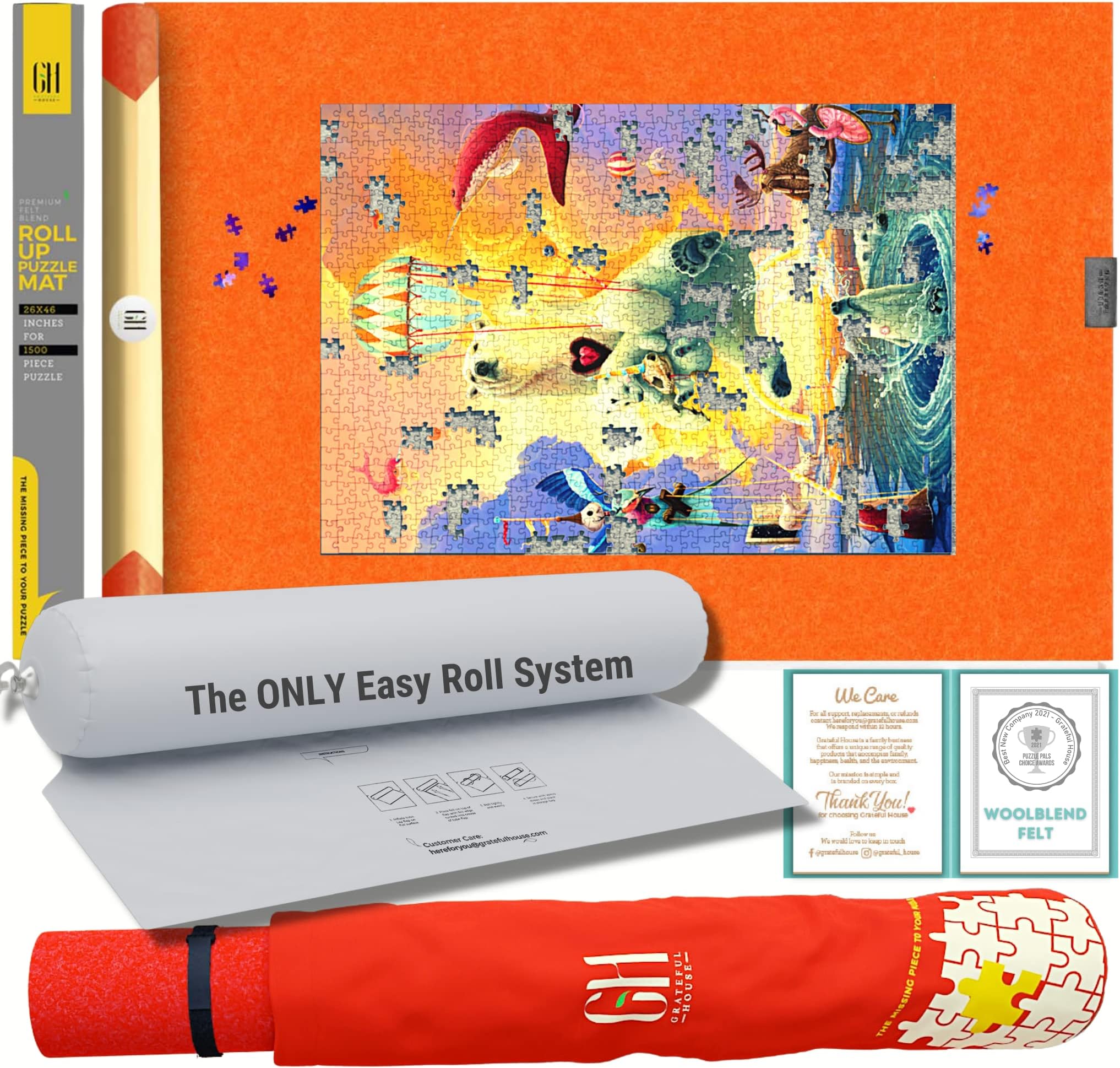 GRATEFUL HOUSE Premium Wool Blend Roll Up Puzzle Mat for Jigsaw Puzzles Wool Felt Lays Perfectly Flat Comes Rolled No Creases, Fits 500 1000 1500 Piece Puzzles. Orange 46 x 26 inches
