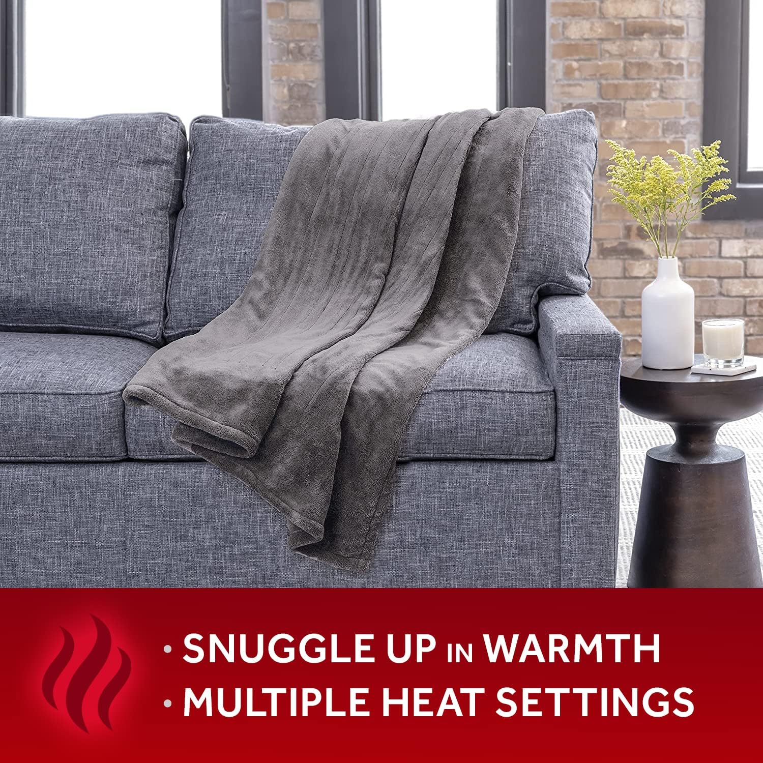 Sunbeam Royal Luxe Dove Grey Heated Personal Throw / Blanket, Cozy-Warm, Adjustable Heat Settings