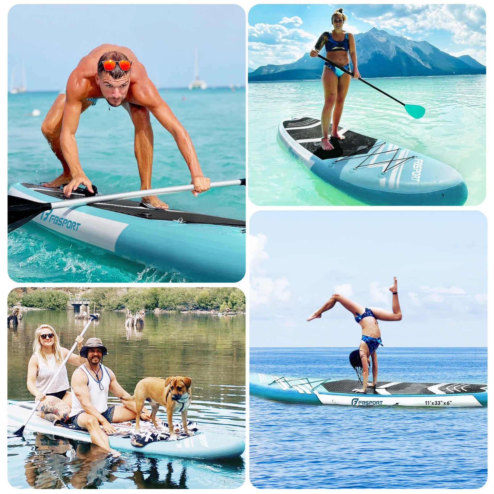 FBSPORT Tabla de Remo de pie 11 pies, Tabla de Yoga con Accesorios Sup y Bolsa de Transporte, Amplia Postura, Control de Surf, Cubierta Antideslizante, Correa, Pala y Bomba para