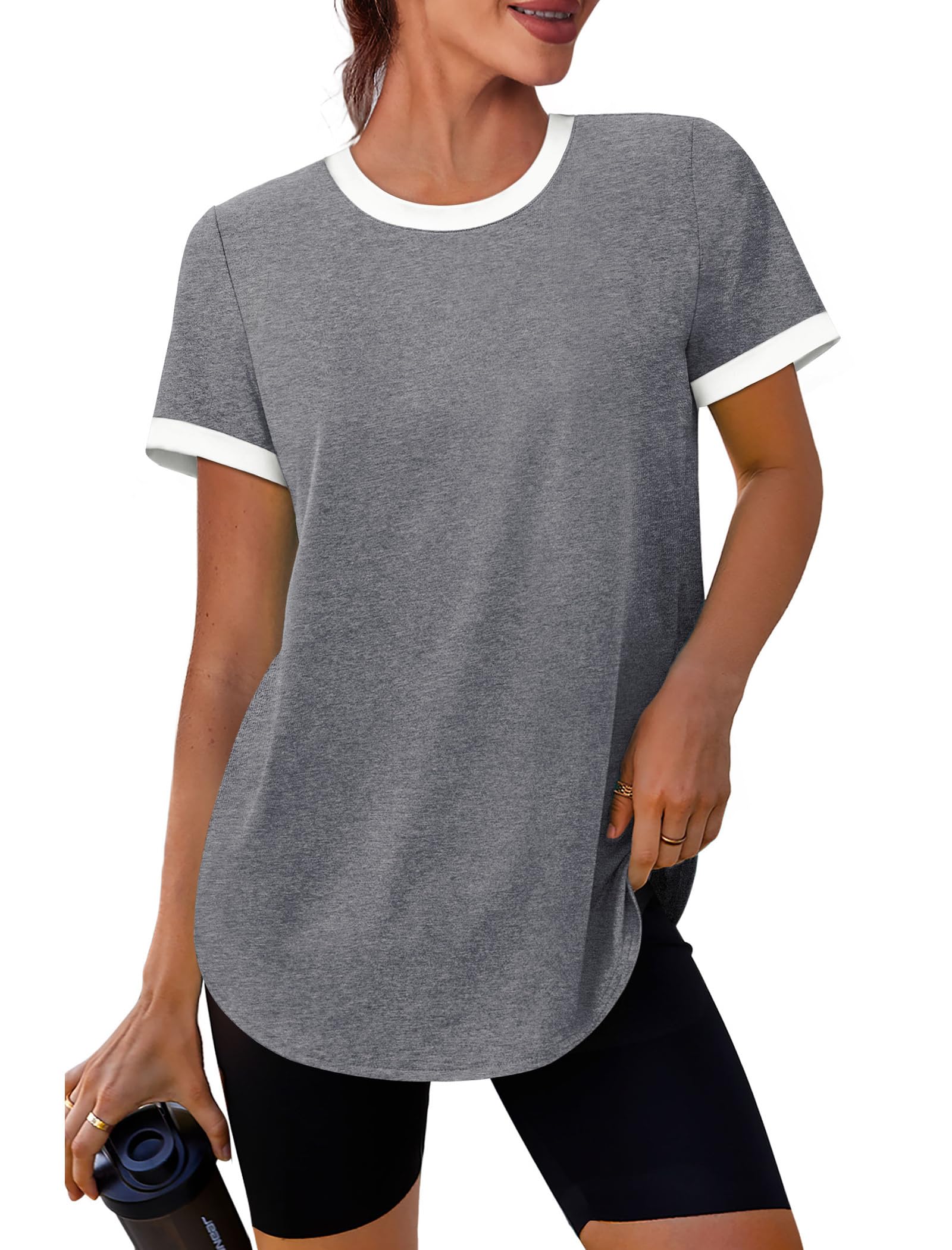 Womens Workout Tops Summer Short Sleeve Shirts Athletic Color Block Gym Clothes Outfits Sun Protection UPF 50 T