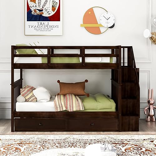 Miniatura 34 de Harper&Bright Designs - Litera individual sobre individual con barandilla de seguridad, escalera, cama nido individual con 3 cajones para niños,