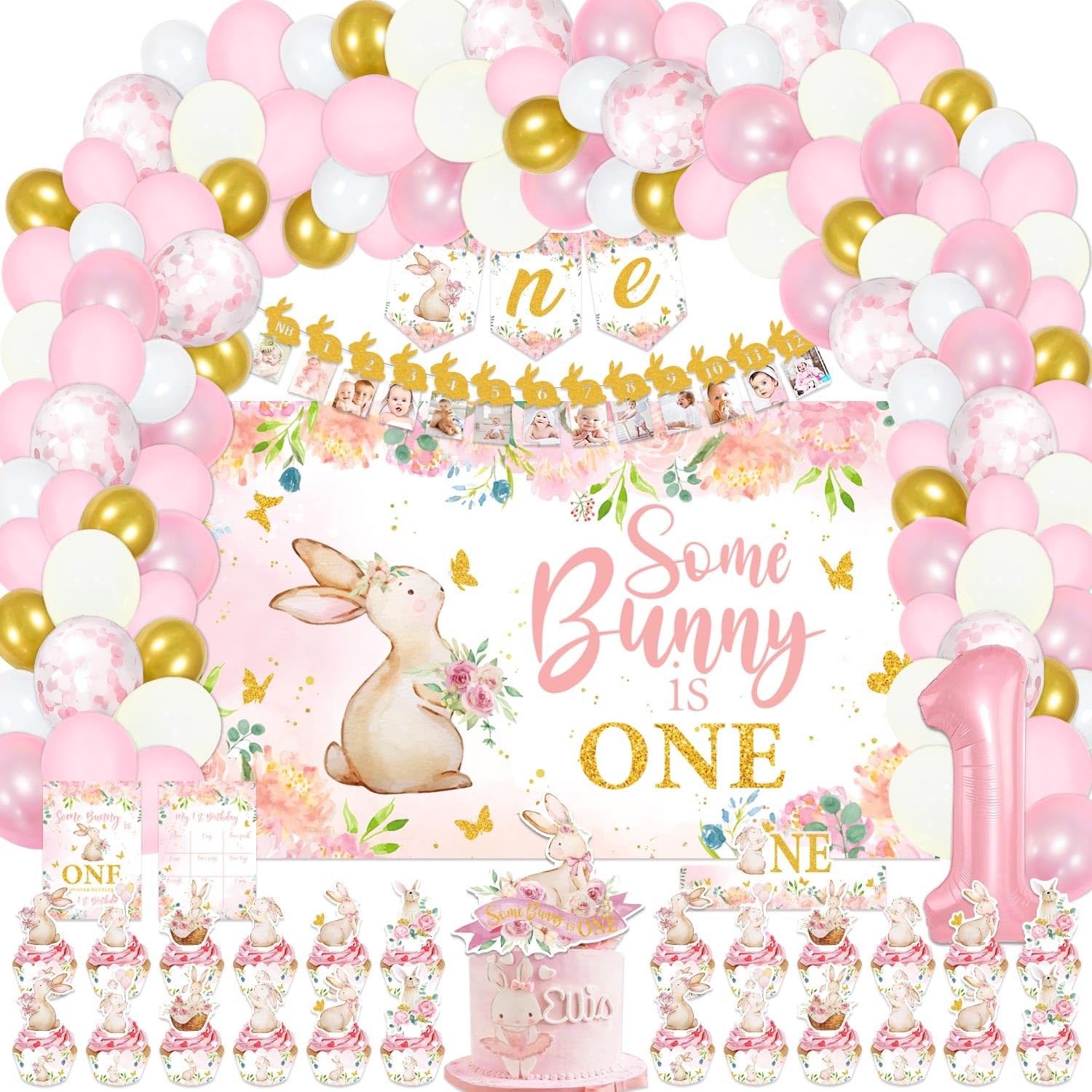 LXlucktim Some Bunny Is One Birthday Party Supplies, 154 Pcs Bunny Party Decorations for Boys Girls Baby - Backdrop, Photo Banners, Cupcakes Wrappers,