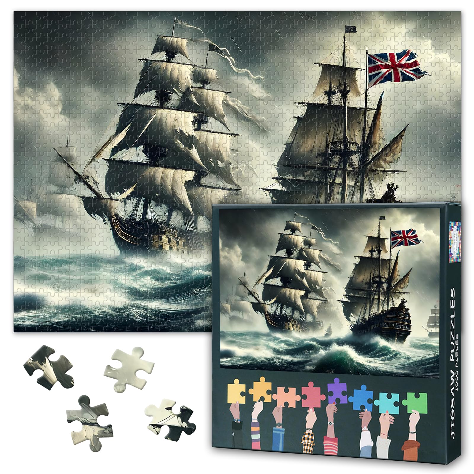 Pirate Ship Puzzles for Adults Pirate Ship with a British Flag 1000 Pieces Jigsaw for Adults Home Decor Challenging Puzzle Gifts for Puzzle Lovers Family Friends Game Night 27.5"X19.7"