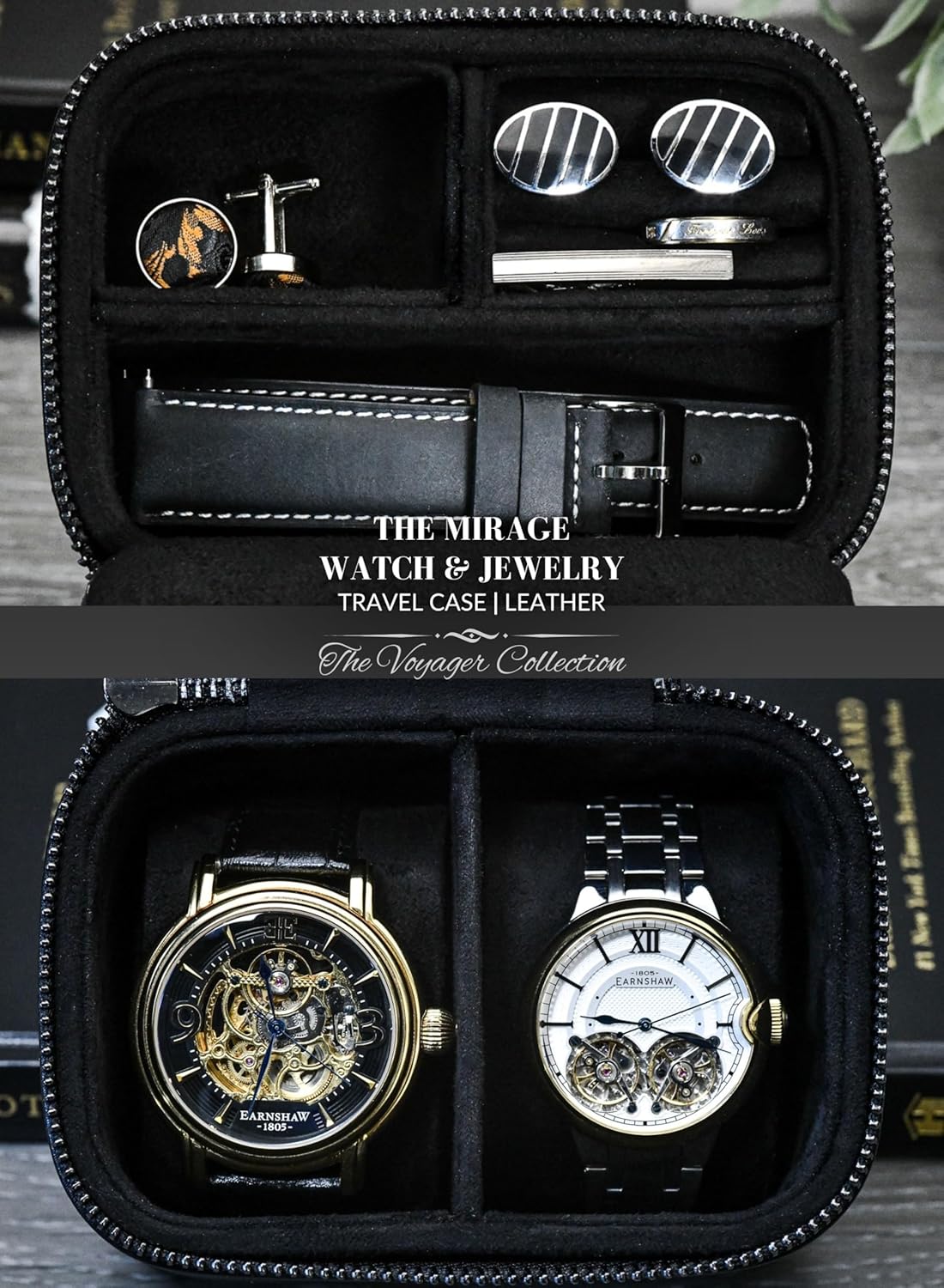 Leather Travel Watch Jewelry Case for Men – Watch Band, Cufflinks Storage Box for Travel - Obsidian Black Swiss-Motif Genuine Leather