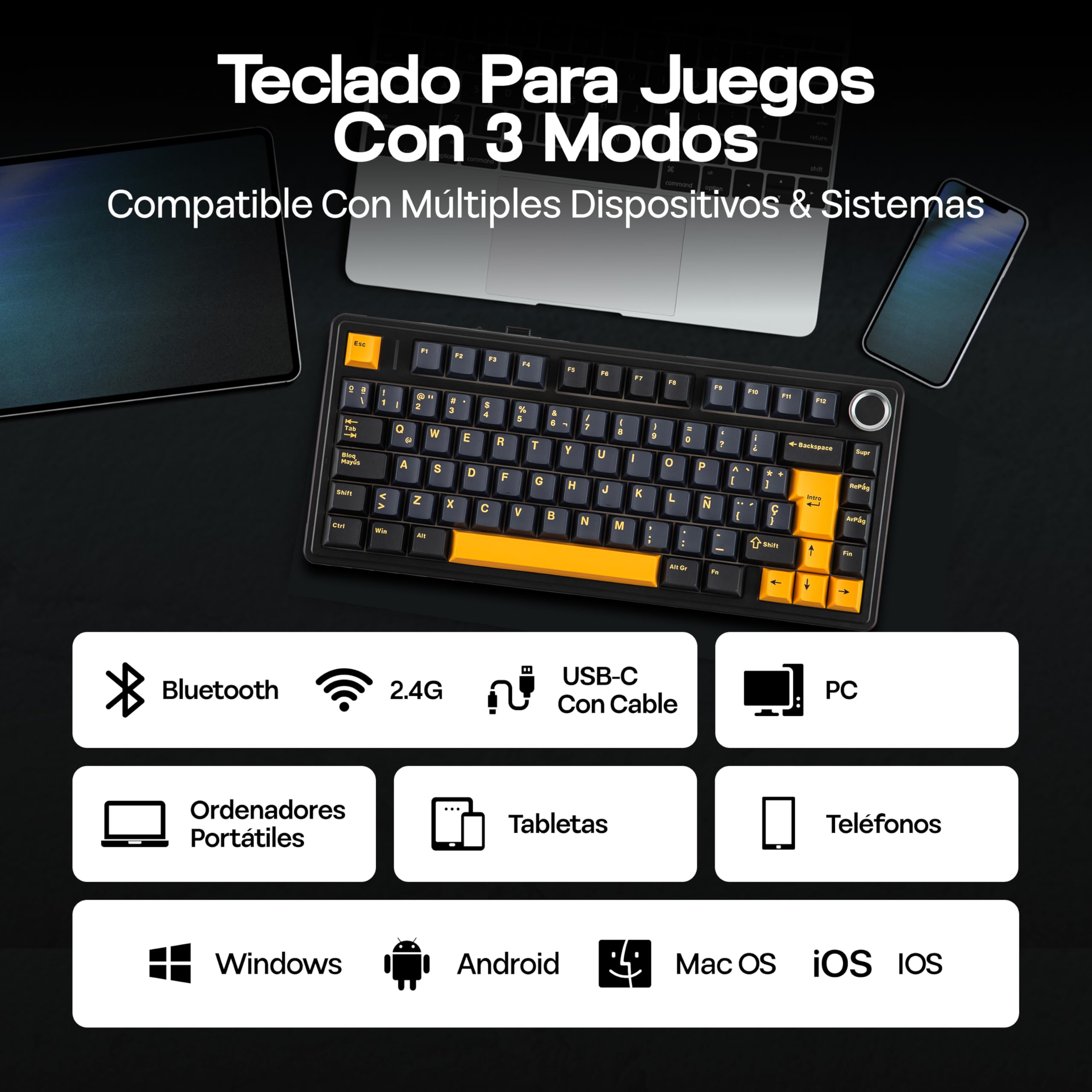 MechLands Aula F75 75% Teclado Mecánico para Gaming, Distribución QWERTY Español, Retroiluminación RGB, Teclado BT5.0/USB-C/2,4 GHz Con Mando Giratorio, Reaper Switches para Win/Mac ()