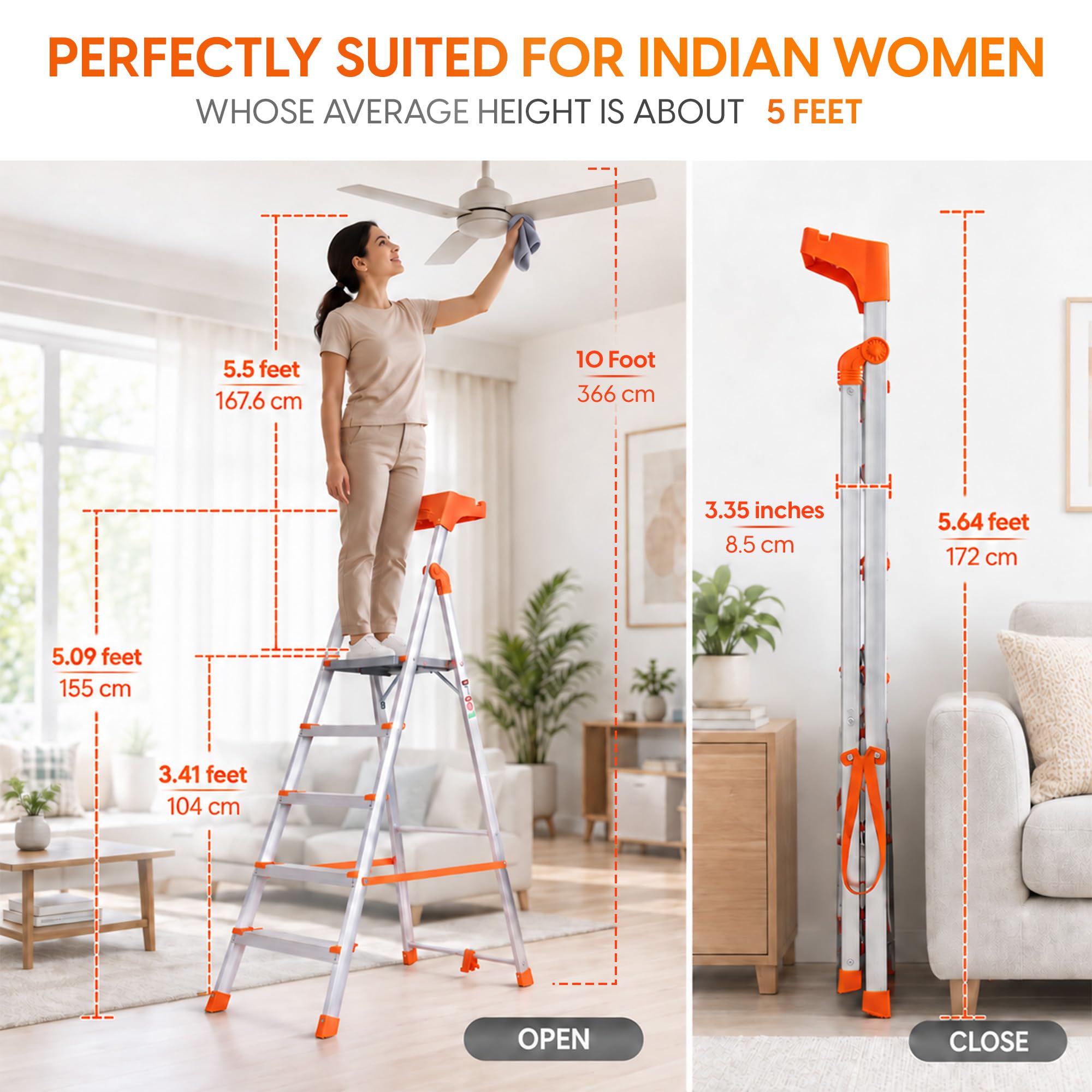 HOUZA Aluminium Ladder - 5 Steps, Foldable & Safe -6