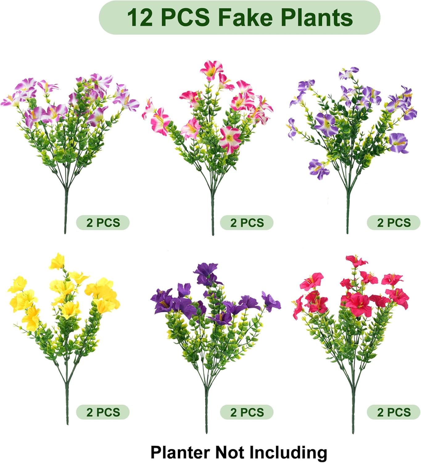 Artificial Flowers for Outdoors Fake Plants Outside Decoration, 12 Bundles Silk Petunia with Eucalyptus UV Resistant Realistic Faux Flowers for Outdoor Planters Garden Balcony (6 Color)