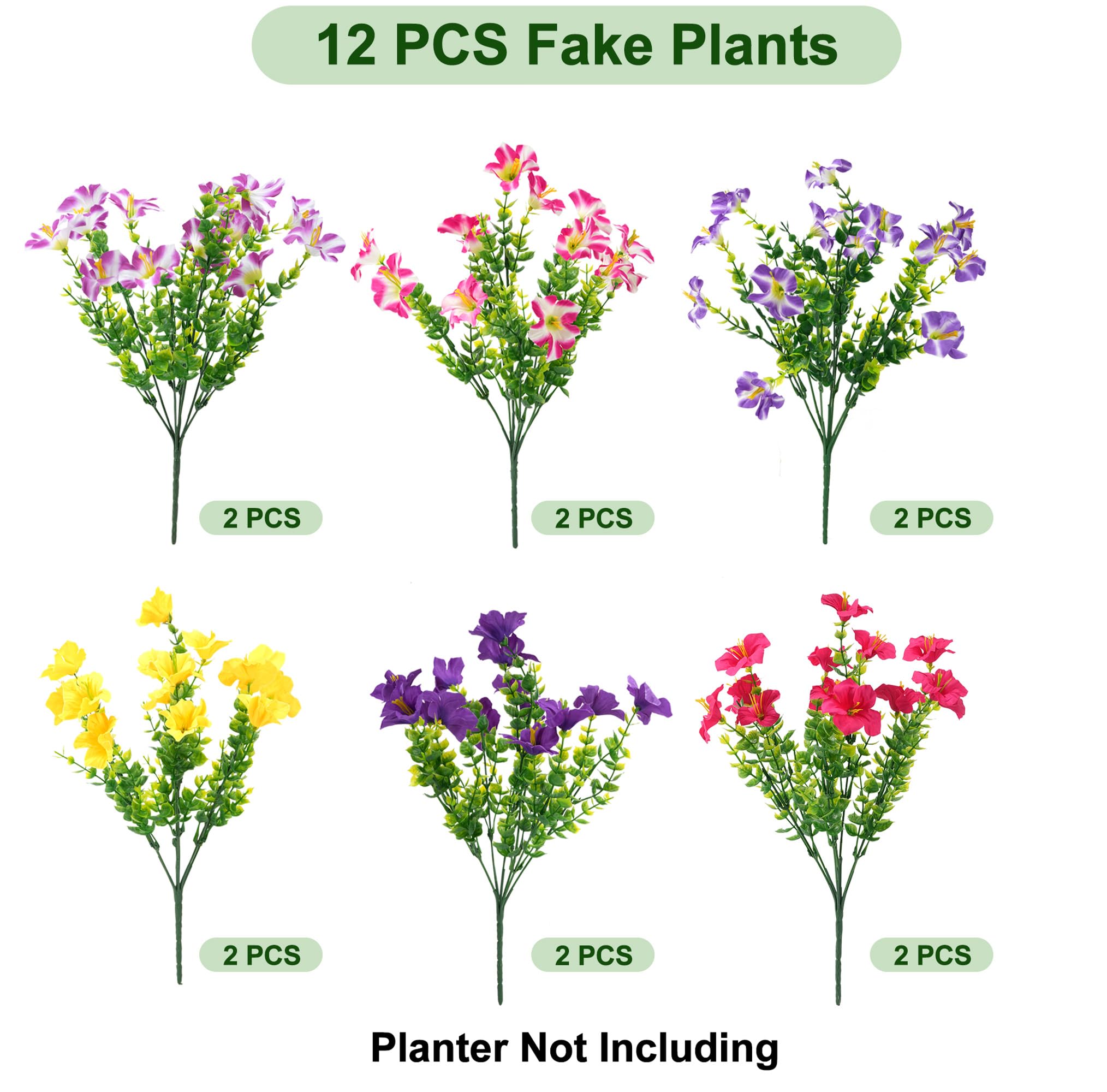 Artificial Flowers for Outdoors Fake Plants Outside Decoration, 12 Bundles Silk Petunia with Eucalyptus UV Resistant Realistic Faux Flowers for Outdoor Planters Garden Balcony (6 Color) - 3