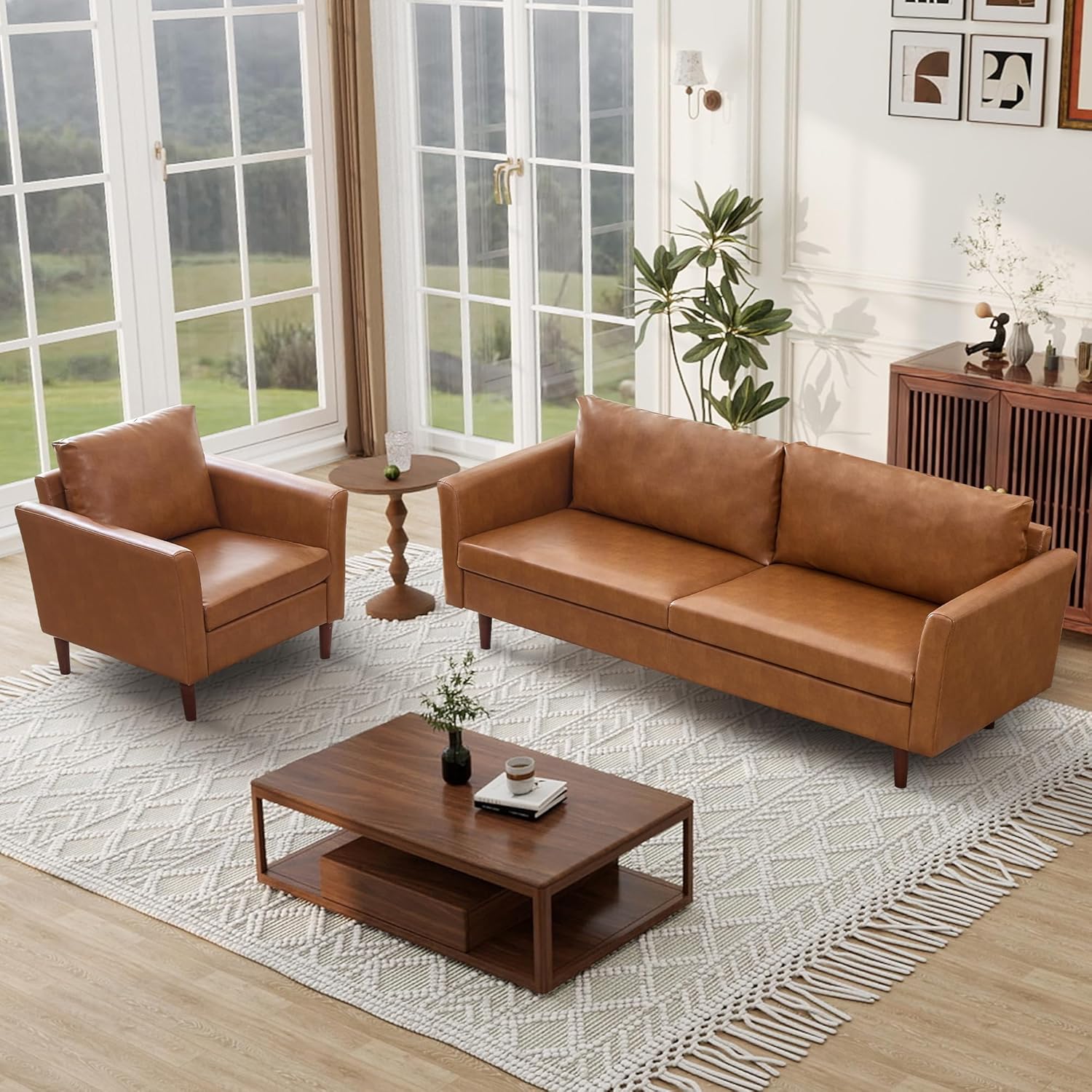 Tbfit Modern Couch for Living Room, Faux Leather Couch, Sofa Set, Brown - 2
