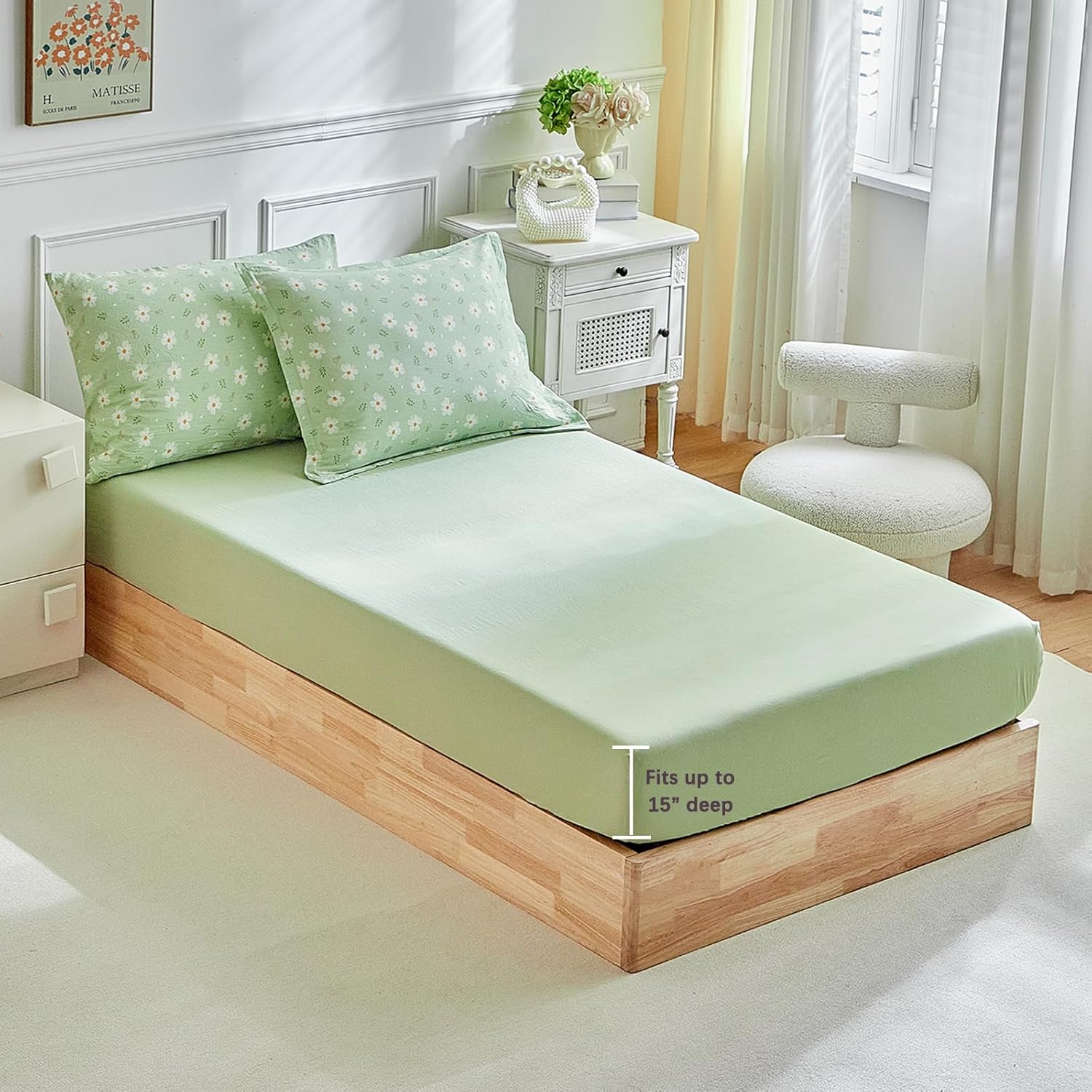 DuShow Floral Twin Comforter Set,5 Pieces Twin Bedding Set for Girls,Twin Bed in a Bag, All Season Kids Sheet Set with Comforter, Flat Sheet, Fitted Sheet, Pillowcase and Pillow Sham-Green Floral