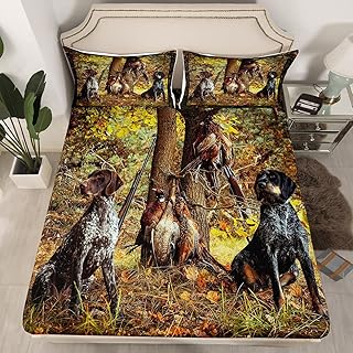 Pheasant Hunting Fitted Bed Sheets Twin Size Black Dog Bedding Decor Set Boho Farmhouse Wild Animals Fitted Sheet Woodland Leaves Hunter Gun Bed Sheet Fitted Sheet for Men Boys Adults Kid