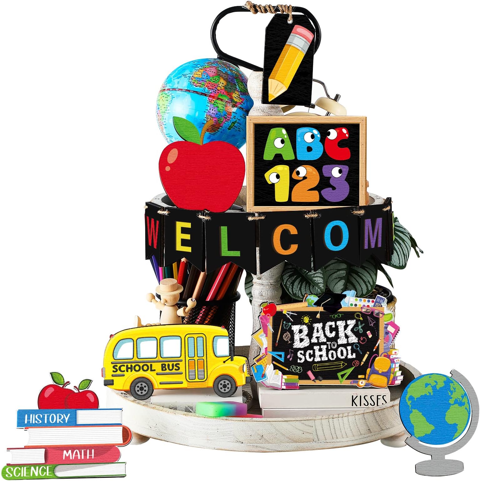21 Pc Back To School Tiered Tray Decor Set - Wooden School Bus & Classroom Signs