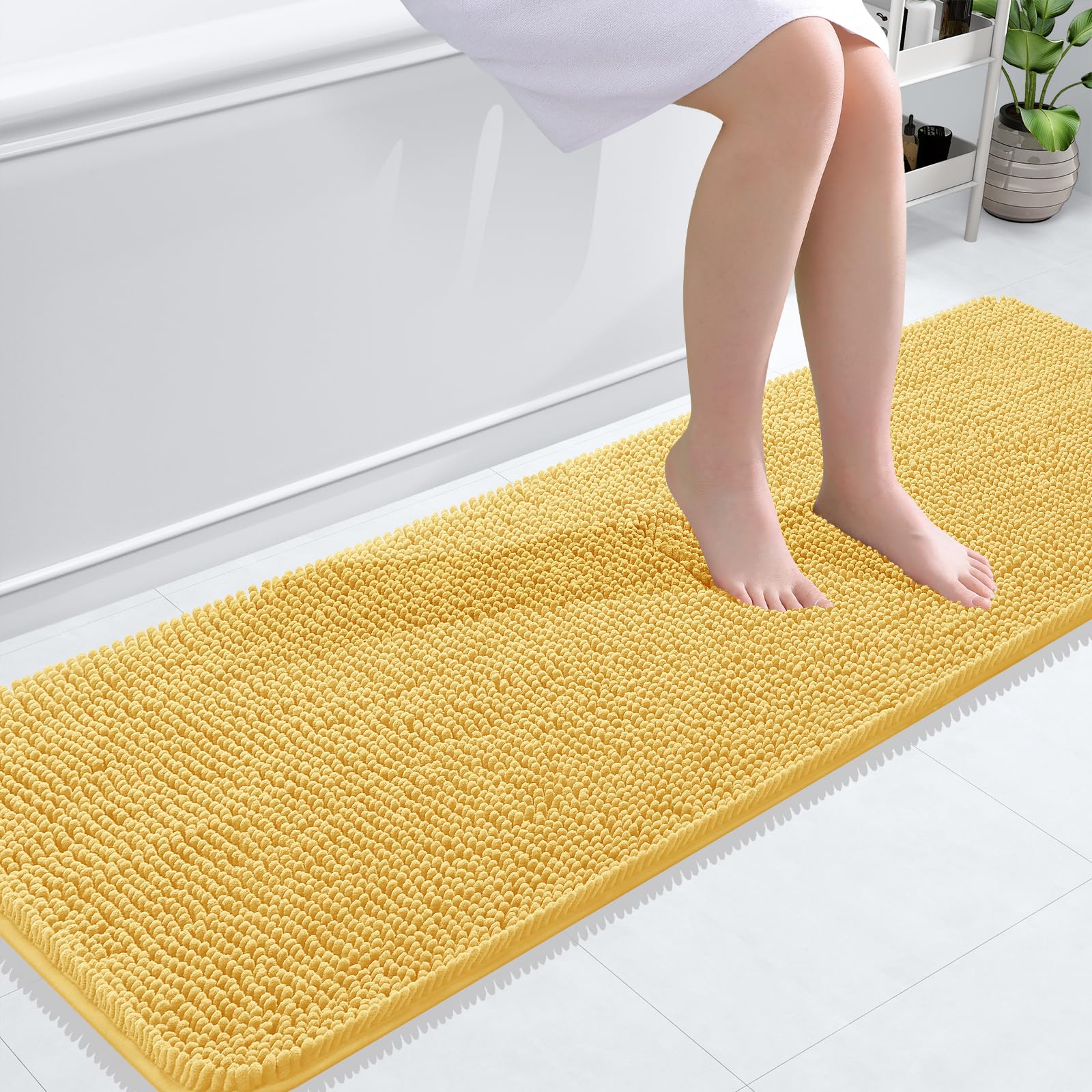 OLANLY Bathroom Runner Rugs 59x20, Extra Soft Absorbent Chenille Bath Rugs | Yellow, Quick-Drying Rubber Backing, Washable Long Bath Mat for Bathroom Floor, Tub and Shower, Home Decor Accessories