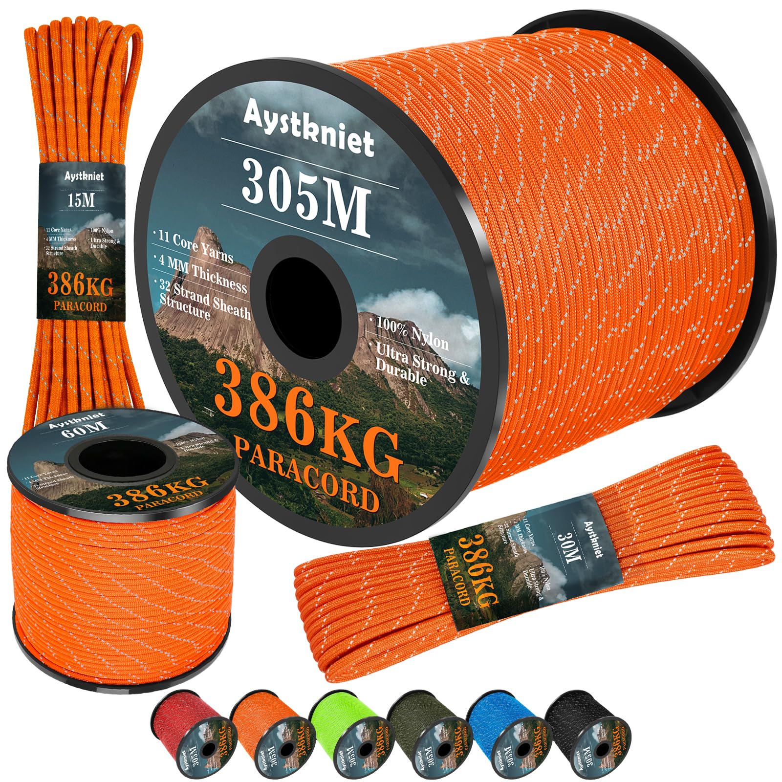 Aystkniet Reflective Paracord 850lbs, 4MM Rope, 11 Strands Outdoor Para Cord, Utility Parachute Cord Tactical Cord for Camping Hiking Survival Crafting DIY, 305M Orange