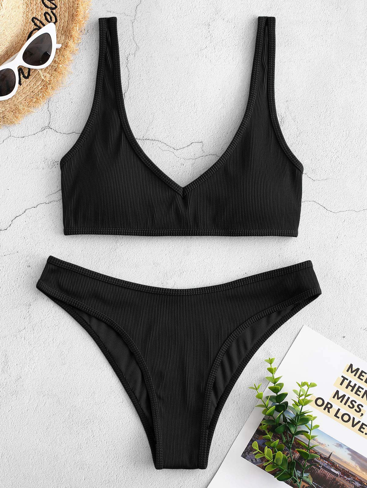ZAFUL Damen Bikini Set Push up Gepolsterte Gerippt Textured V-Ausschnitt High Cut Zweiteiler Badeanzug Bademode