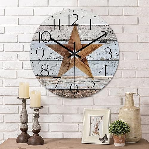Reloj de pared redondo de 12 pulgadas con estrella del oeste de Texas reloj de pared decorativo reloj de madera rústica sin tictac funciona con