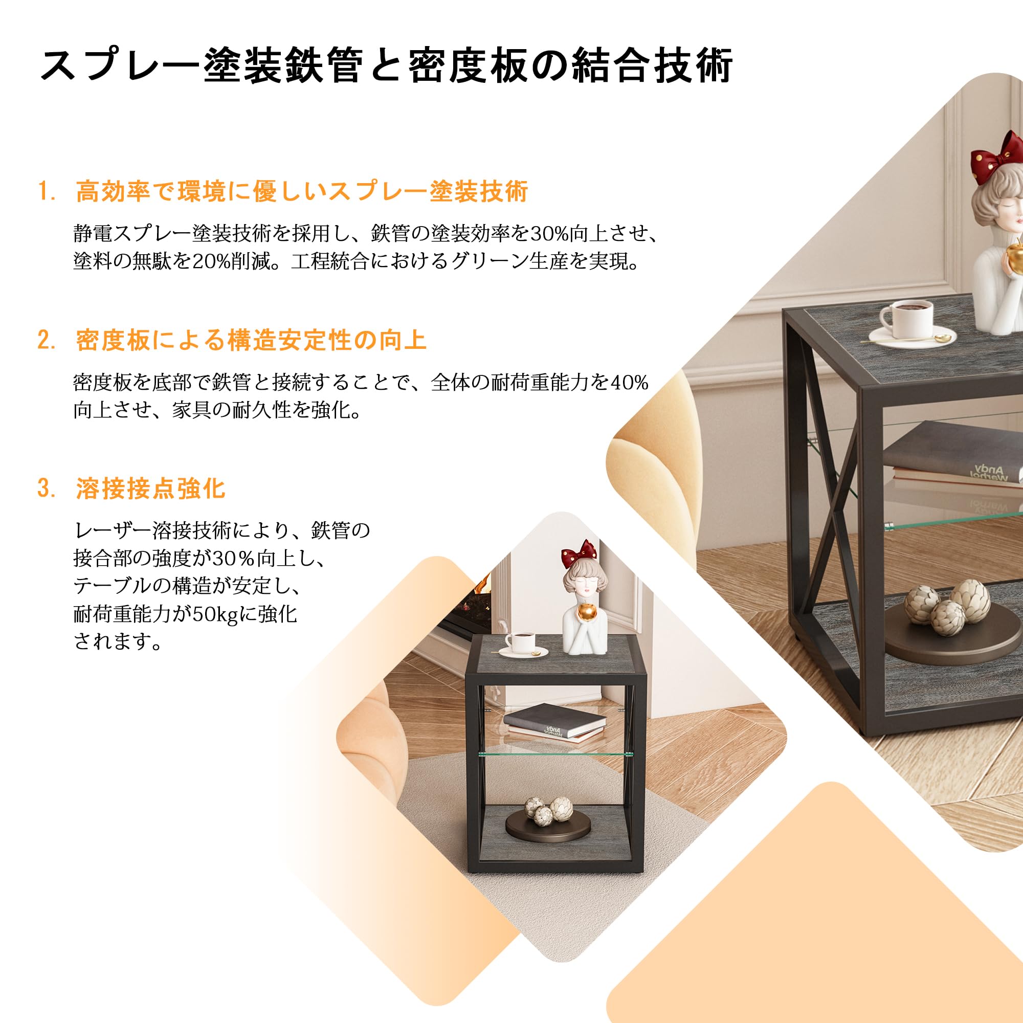 Amazon｜モダンサイドテーブル インダストリアルデザイン 強化ガラス天