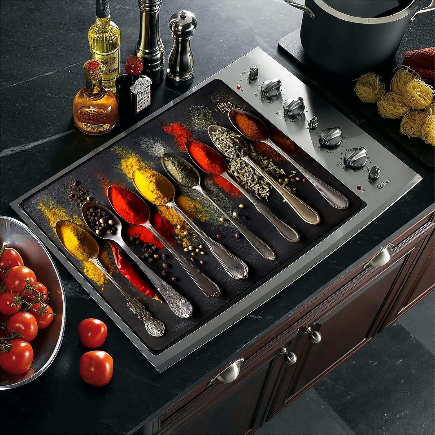 Spice Stove Top Cover 28.3 x 20.5 Inches, Heat Resistant Glass Stove Protector Mat with Colorful Seasoning and Spice Design, Non Slip Electric Stove Cover for Kitchen Decor (Colorful ingredients)