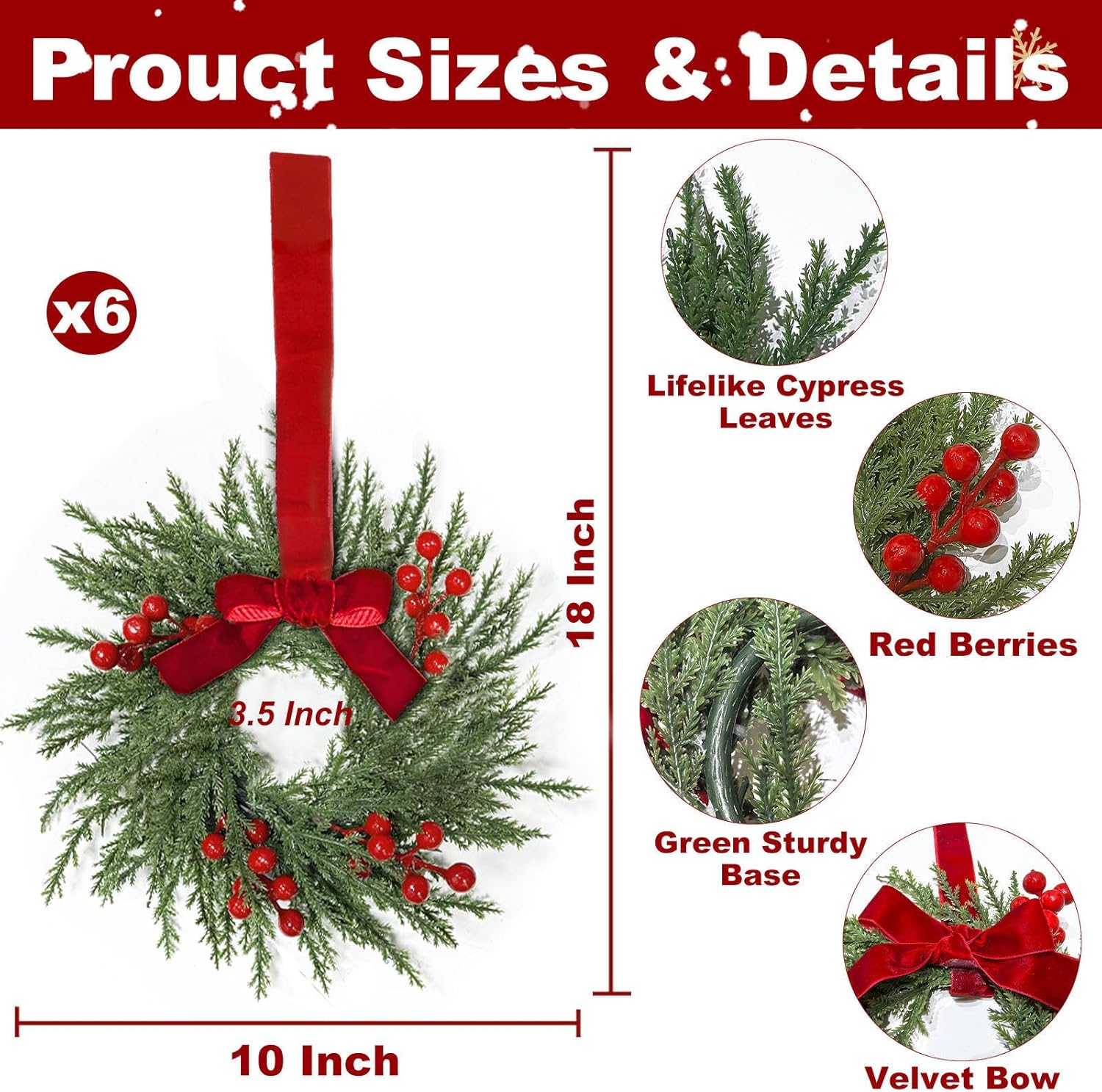 6 Pack 10 Inch Mini Christmas Wreath for Cabinets Kitchen Windows, Small Christmas Wreath with Cypress Branches Red Berried Red Bow Artificial Xmas Small Wreaths for Front Door Wall Stairs Home Decor