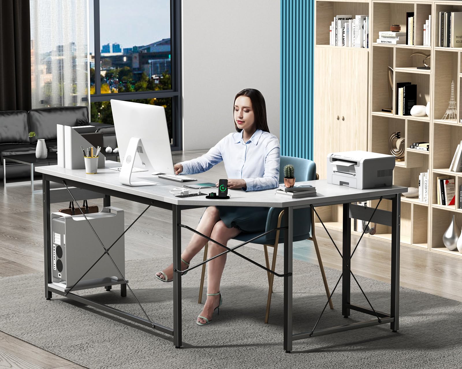 Scrivania Gaming Ad L ODK - 168x120 Cm, Con Prese USB, Bianco, Reversibile, Per Setup Gamer - Foto 6