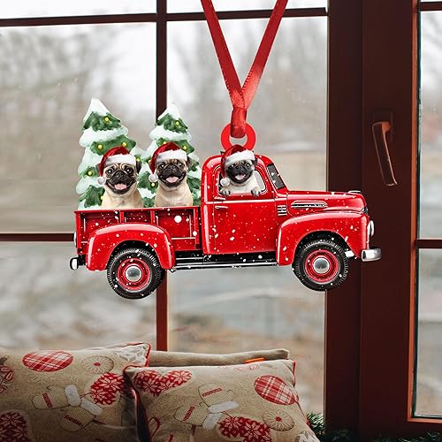 Miniatura 4 de Talataca Pug con camión rojo de Navidad, árbol de pino, regalo 2D plano para espejo retrovisor, accesorios para el árbol de Navidad, adorno para