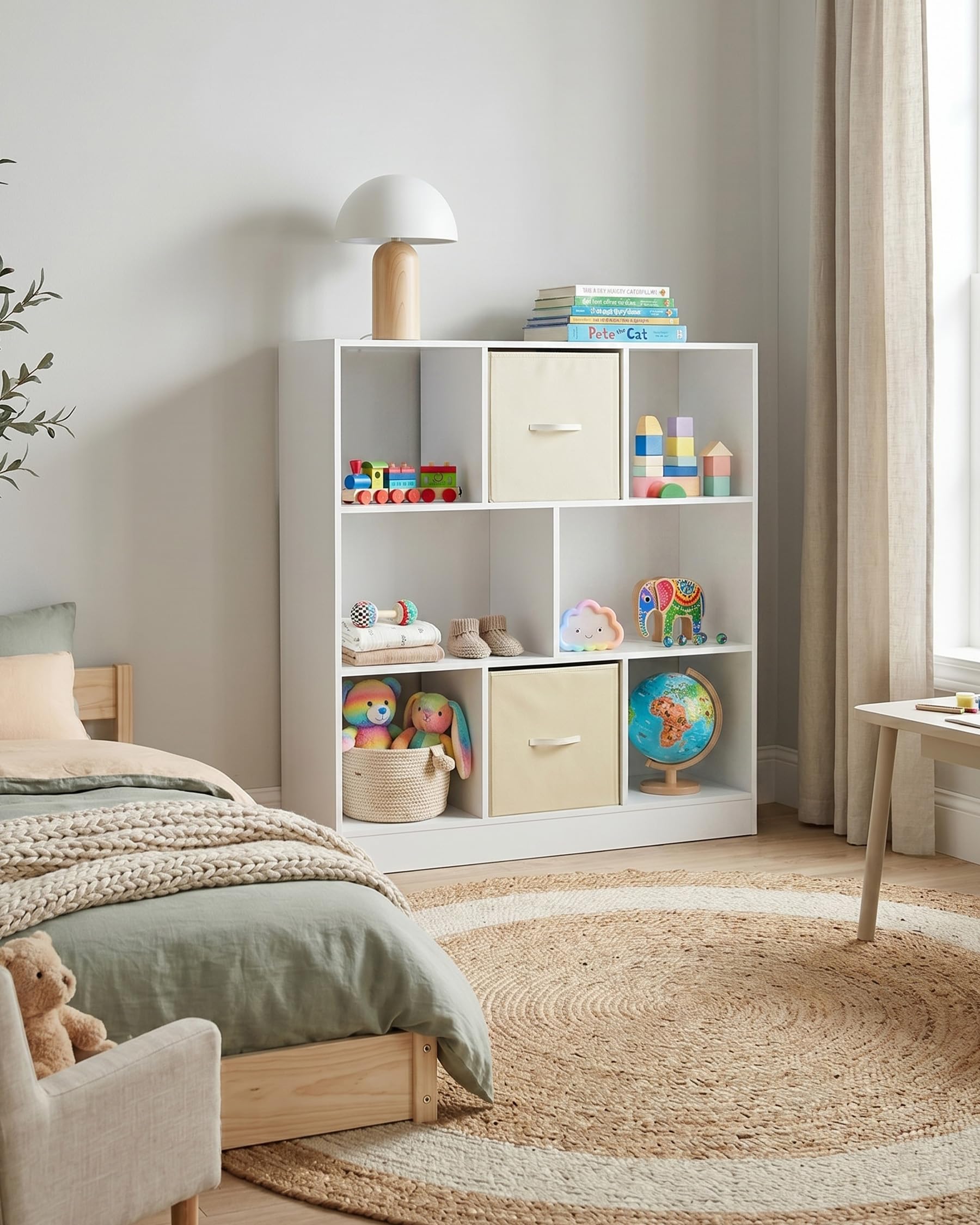 Estanteria Infantil y Juvenil Estanteria Libros Infantil con 2 Cajones de Tela Mueble Organizador Juguetes Multiuso para Habitacion y Salon Estructura Estable 97.5 x 30 x 100 cm Blanco