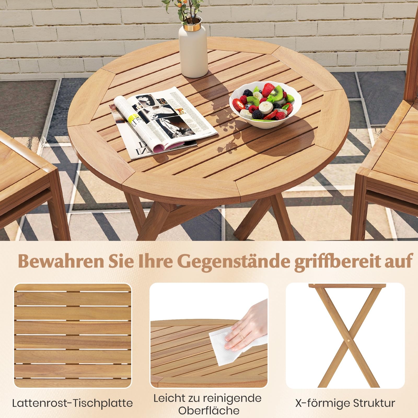 GIANTEX Tavolo rotondo pieghevole in legno di Acacia, tavolo da giardino rotondo, vassoio per doghe struttura a X, barre trasversali rinforzate, chiusura e 2 ganci, per balcone, terrazza, campeggio