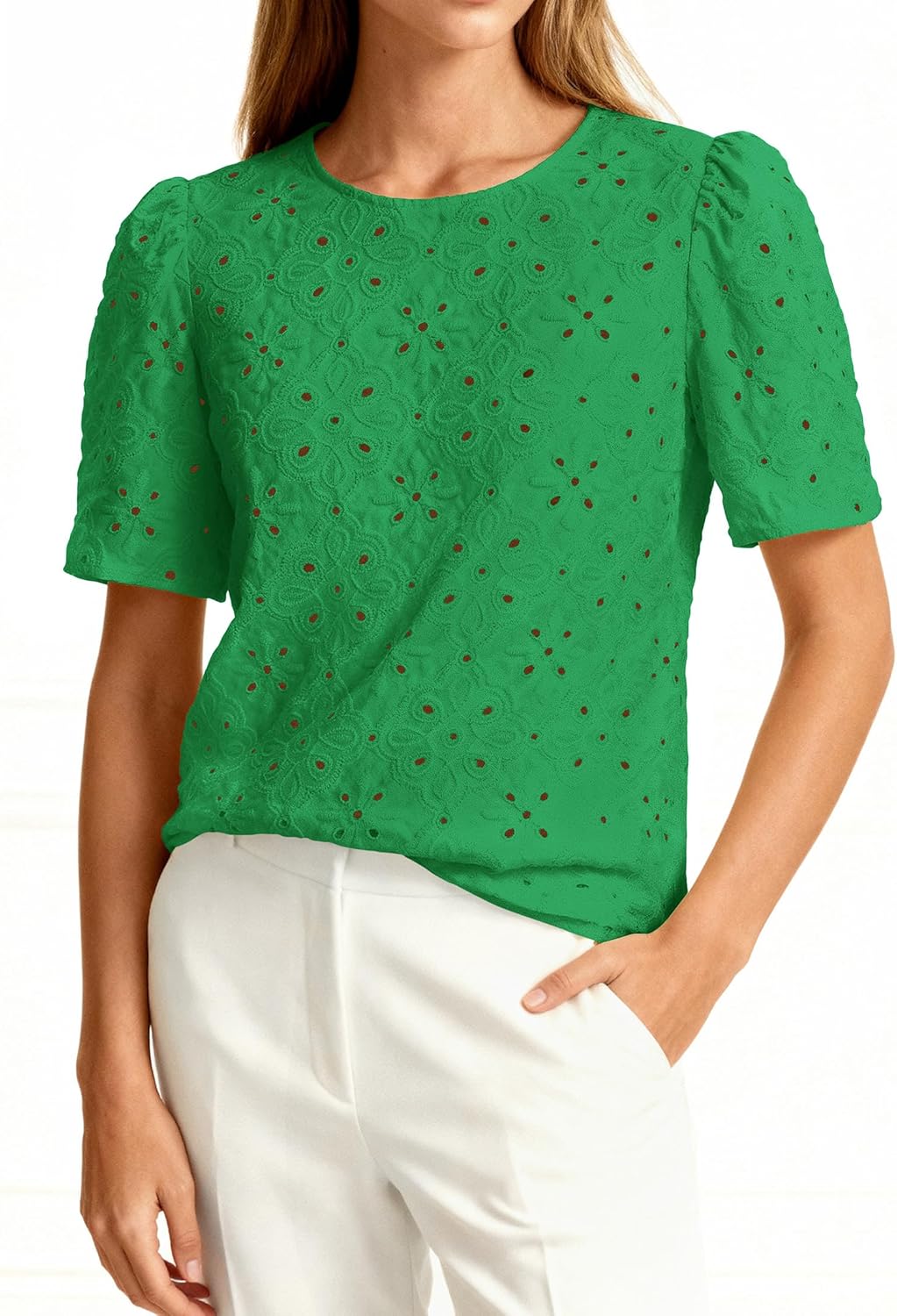 PRETTYGARDEN Embroidered Eyelet Tops for Women Summer Blouses Dressy Casual 2026 Spring Work Teacher Puff Short Sleeve Shirts