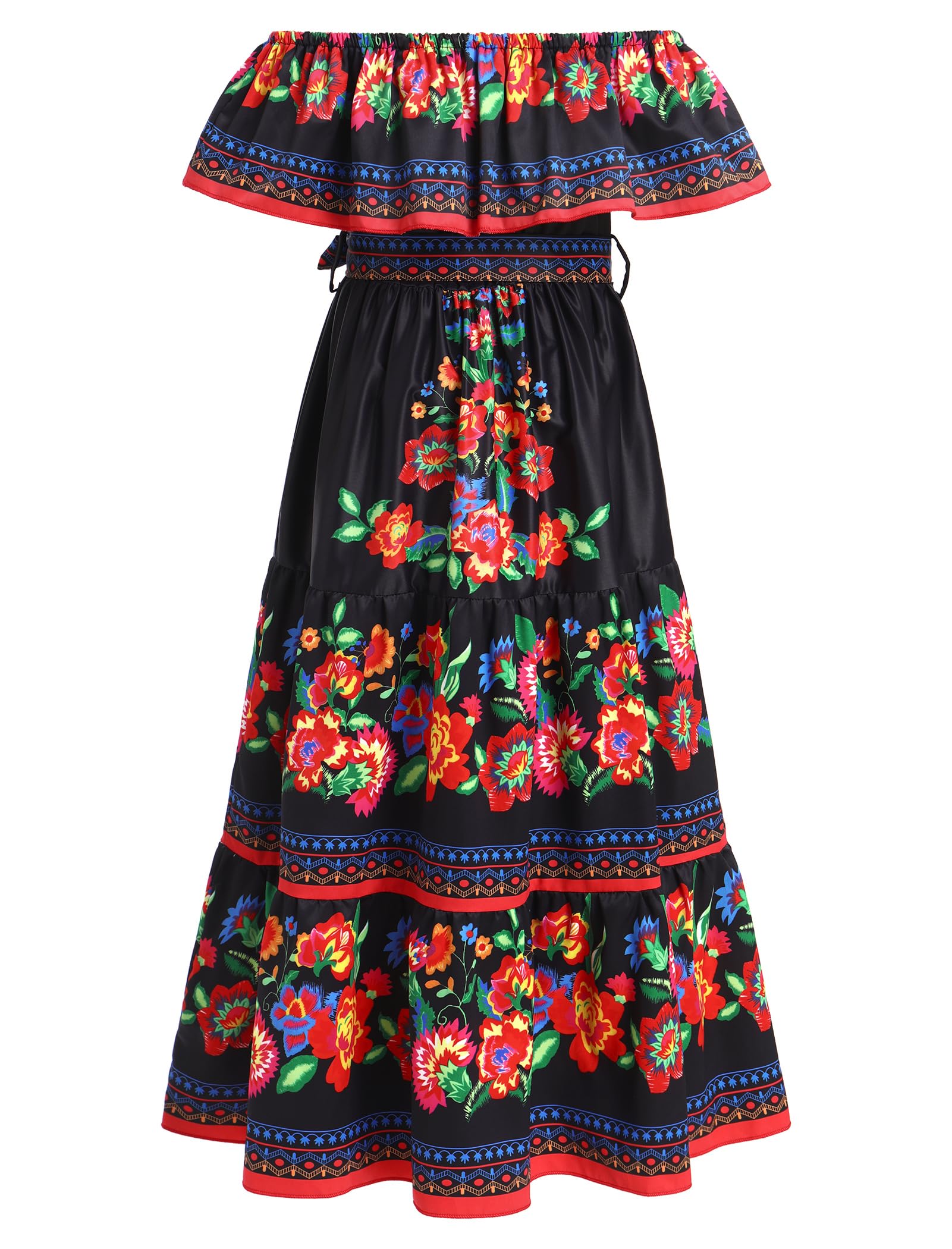 Mexikanisches Kleid für Mädchen, Sommer, Boho, Blumenmuster, Drapierkleid, schulterfrei, ausgefallenes traditionelles Cinco de Mayo Fiesta, Folklorico-Kleid, Bohemian-Kleid, lässig