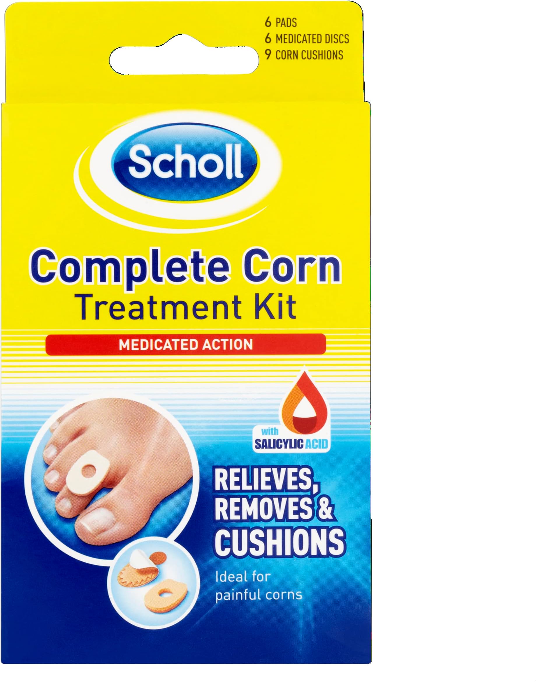 Scholl Complete Corn Removal Treatment Kit, 1 Pack - Medicated Action with Salicylic Acid, Includes 6 Pads, 6 Medicated Discs, and 9 Cushions for Effective Corn Removal
