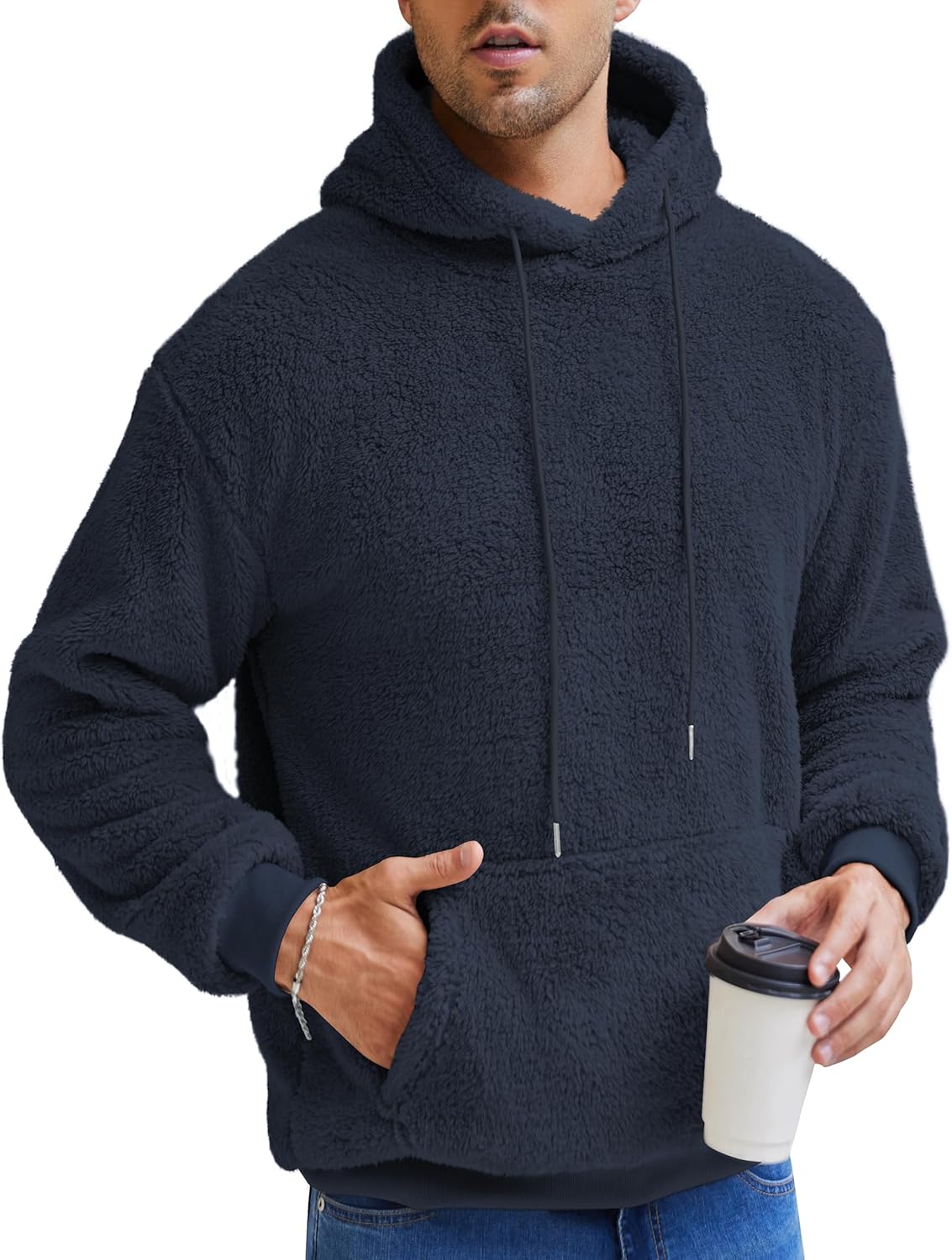 Aimeilgot Mens Hoodie Sherpa Fuzzy Soft Casual Sweatshirts Long Sleeve Classic Pullover Drawstring Hooded Outwear with Pocket - Image 4