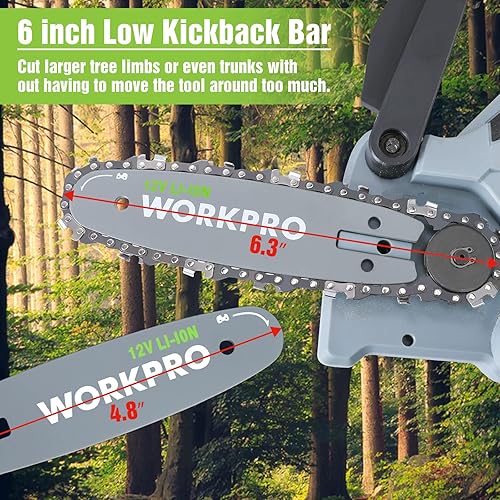 Vista 5 de WORKPRO Mini motosierra, motosierra eléctrica compacta inalámbrica de 6.3 pulgadas con 2 baterías, sierra de madera portátil operada con una sola