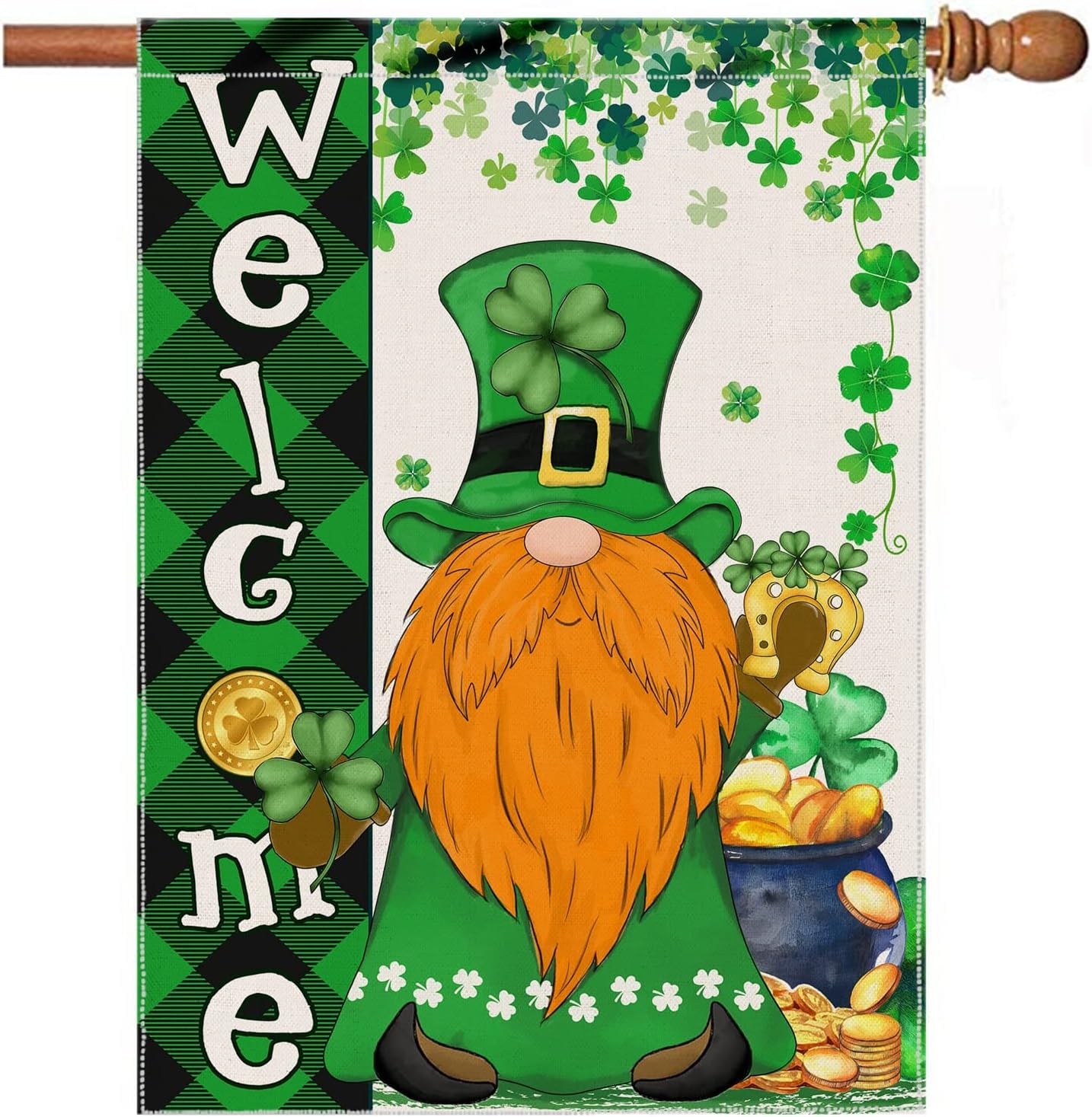 Hexagram St Patricks Day Flag 28x40 Double Sided , Burlap Large St Patricks Day House Flag for Outside , Farmhouse Outdoor Welcome Irish Gnomes Flag