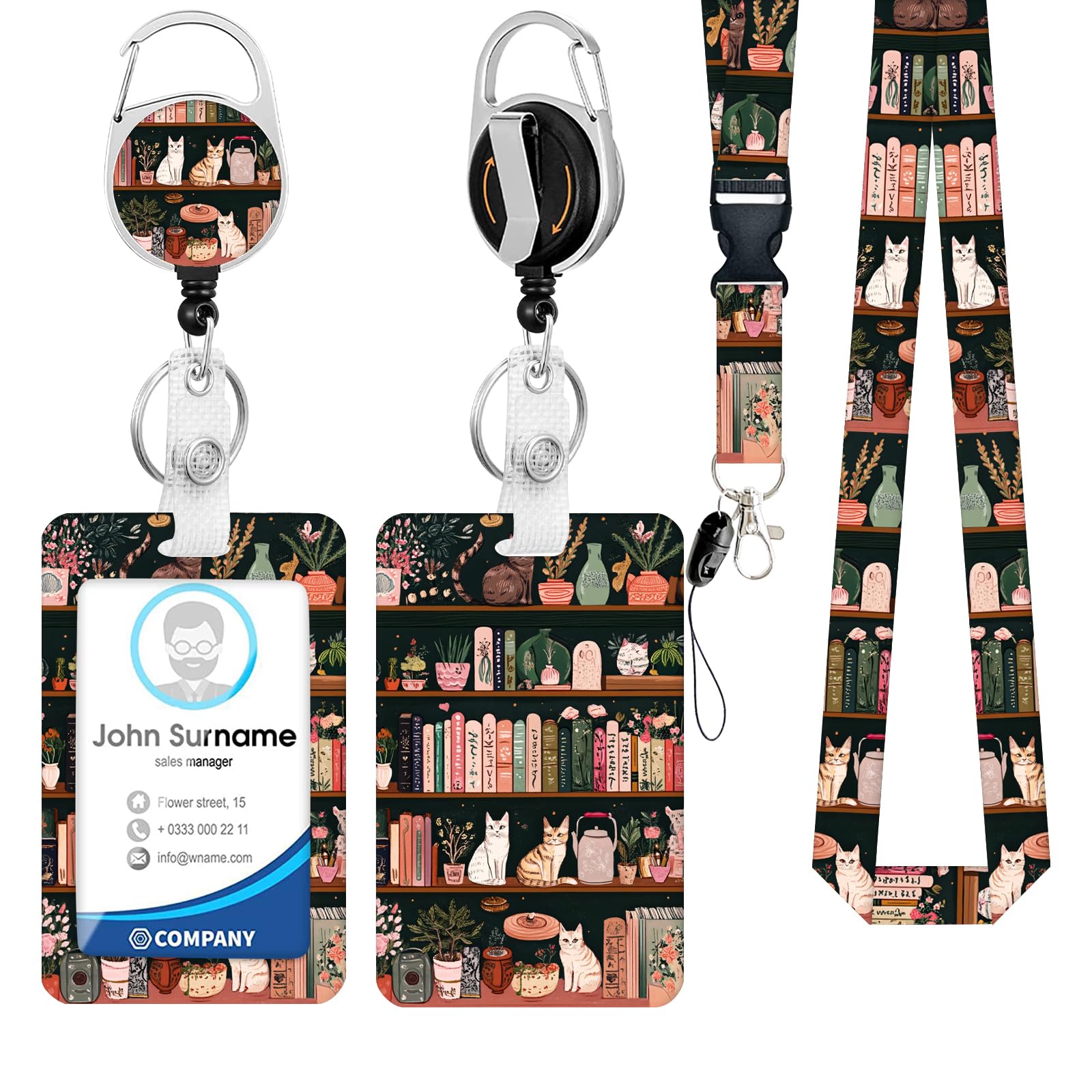 Funny Bookshelf Cat ID Badge Holder with Breakaway Lanyard and Heavy-Duty Retractable Reel, 360° Rotating Carabiner Keychain for Women, Nurses, Teachers, Students, Office or Work Use