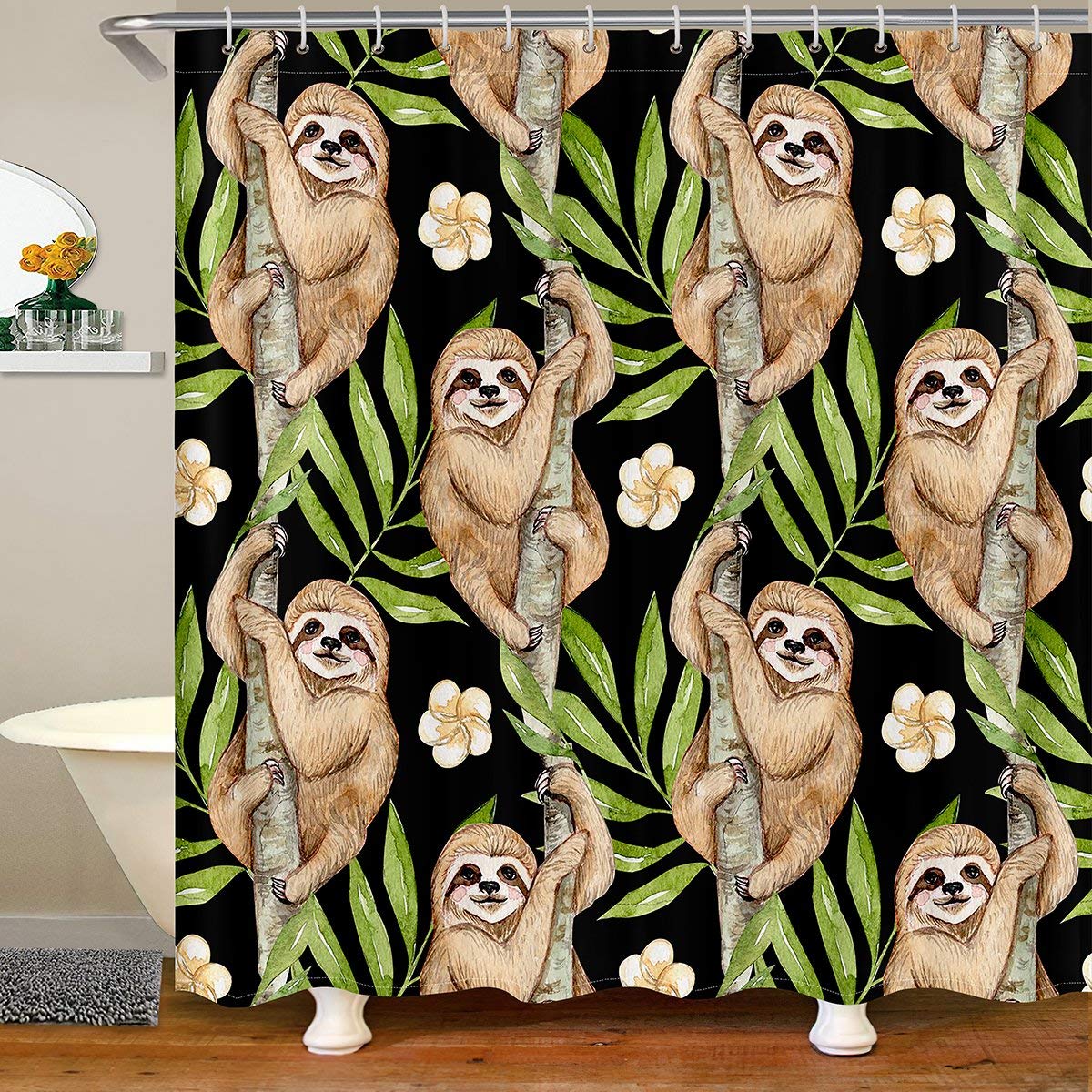 Cartoon Sloth Fabric Bathroom Shower Curtain Tropical Botanical Floral Waterproof Shower Curtains Boys Girls Cute Brown Sloth Shower Curtain with Hooks Green Leaf Branches Curtain,180x210cm