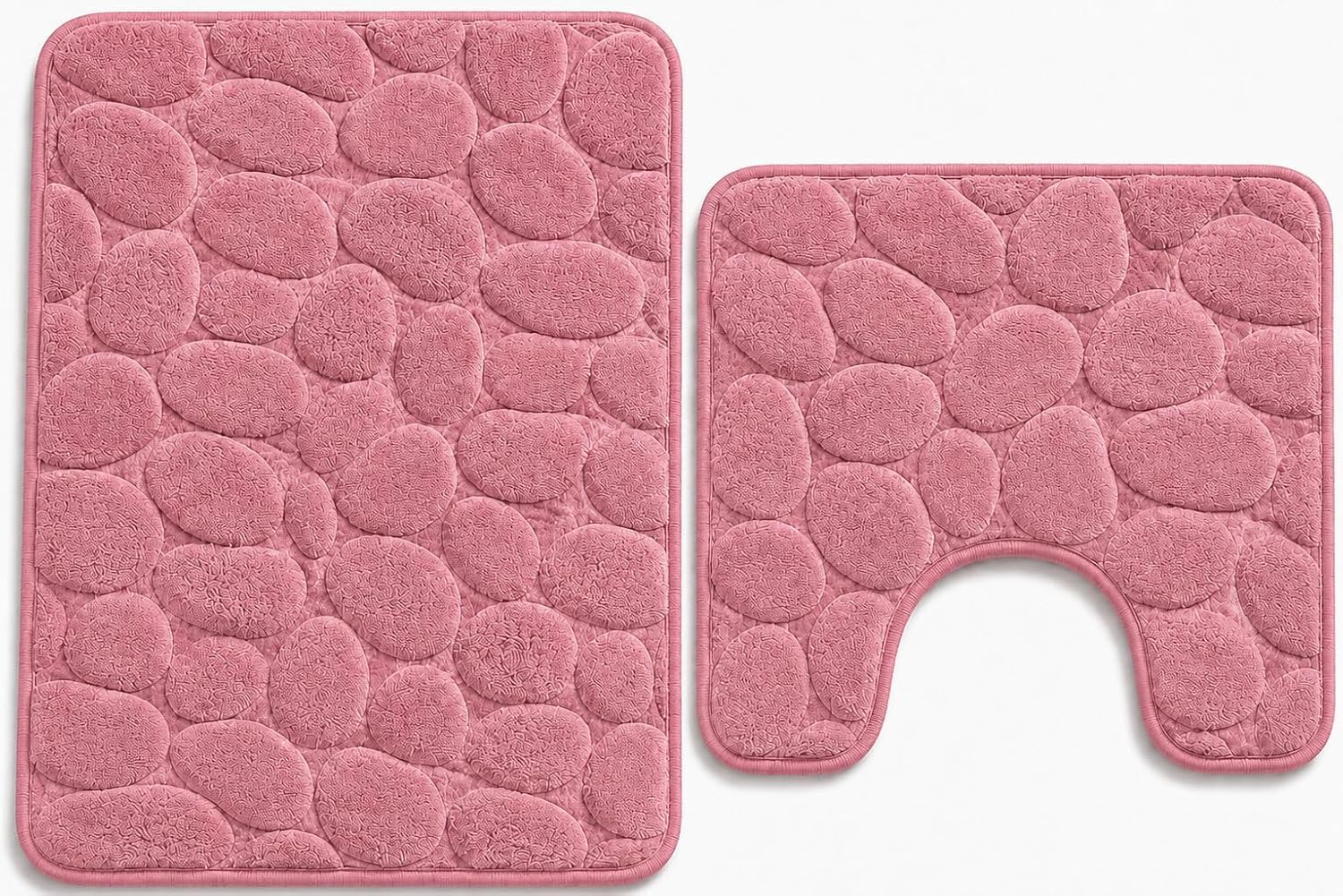 NIGHTZONE Pebble Stone Bath Mat Set Non Slip Pedestal Set Extra Absorbent 100% Memory Foam Bathroom Toilet Rug Set (Pink)