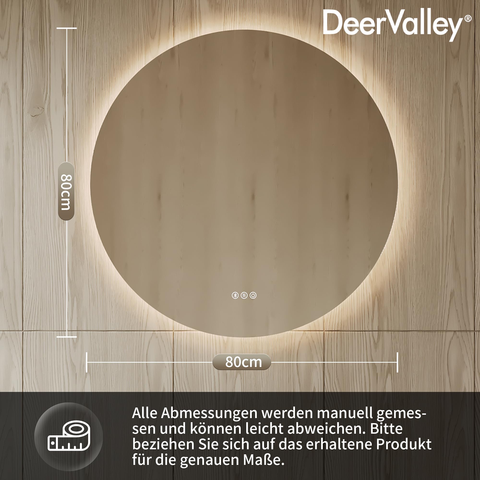 DeerValley Badspiegel mit Beleuchtung 80cm, Anti Beschlag LED Spiegel mit 3-Fach Vergrößerung, 3 Farbtemperatur und Bluetooth Lautsprecher
