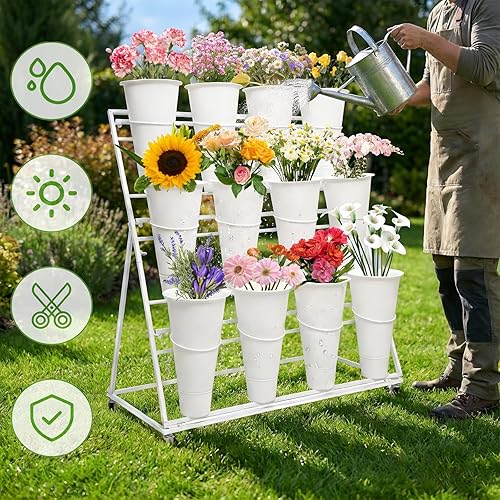 Miniatura 8 de Soporte de exhibición de flores de 3 niveles con 12 cubos, carrito de plantas de flores de metal resistente con ruedas, barra de flores de gran