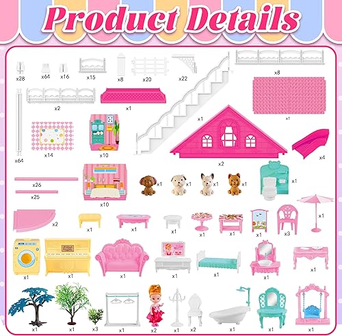 Miniatura 8 de Casa de muñecas para niñas con luz, casa de muñecas de 10 habitaciones con figura de muñecas, cachorros, muebles, accesorios, casa de juegos regalo
