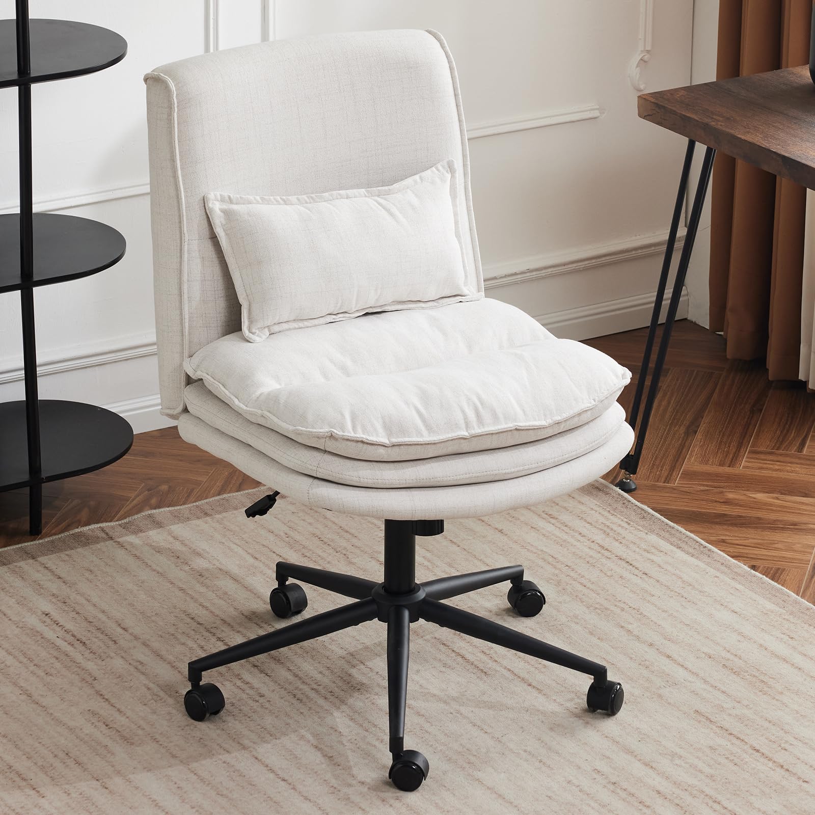 Bonnlo Cloud Criss Cross Legged Chair, High Back Armless Home Office Chair with Wheels, Adjustable Comfy Padded Computer Seat, Moden Swivel Makeup Vanity Seat for home, Linen, White