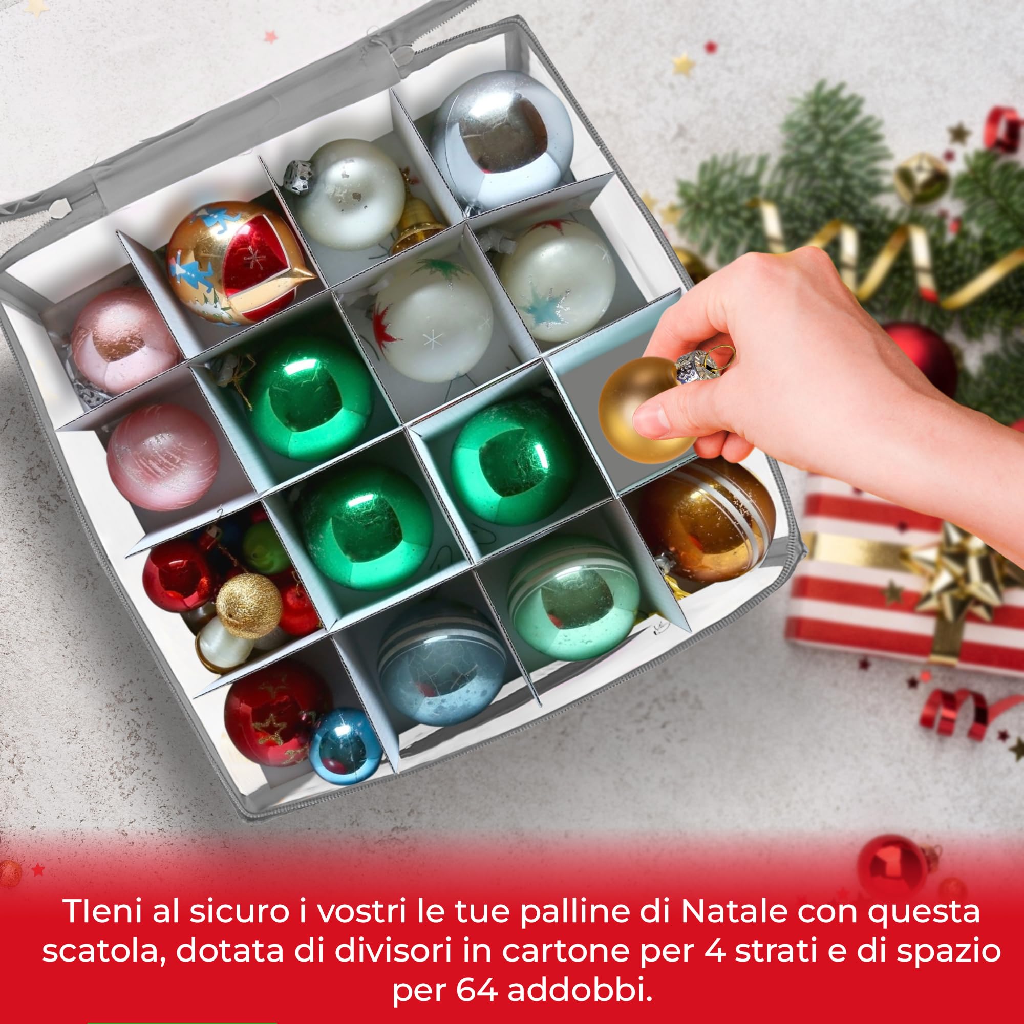 REDSTAR Box porta 64 ornamenti festivi – Contenitore con divisori per sfere natalizie – Organizer per decorazioni dell’albero – Custodia per addobbi di Natale – Scatola rigida per elementi decorativi