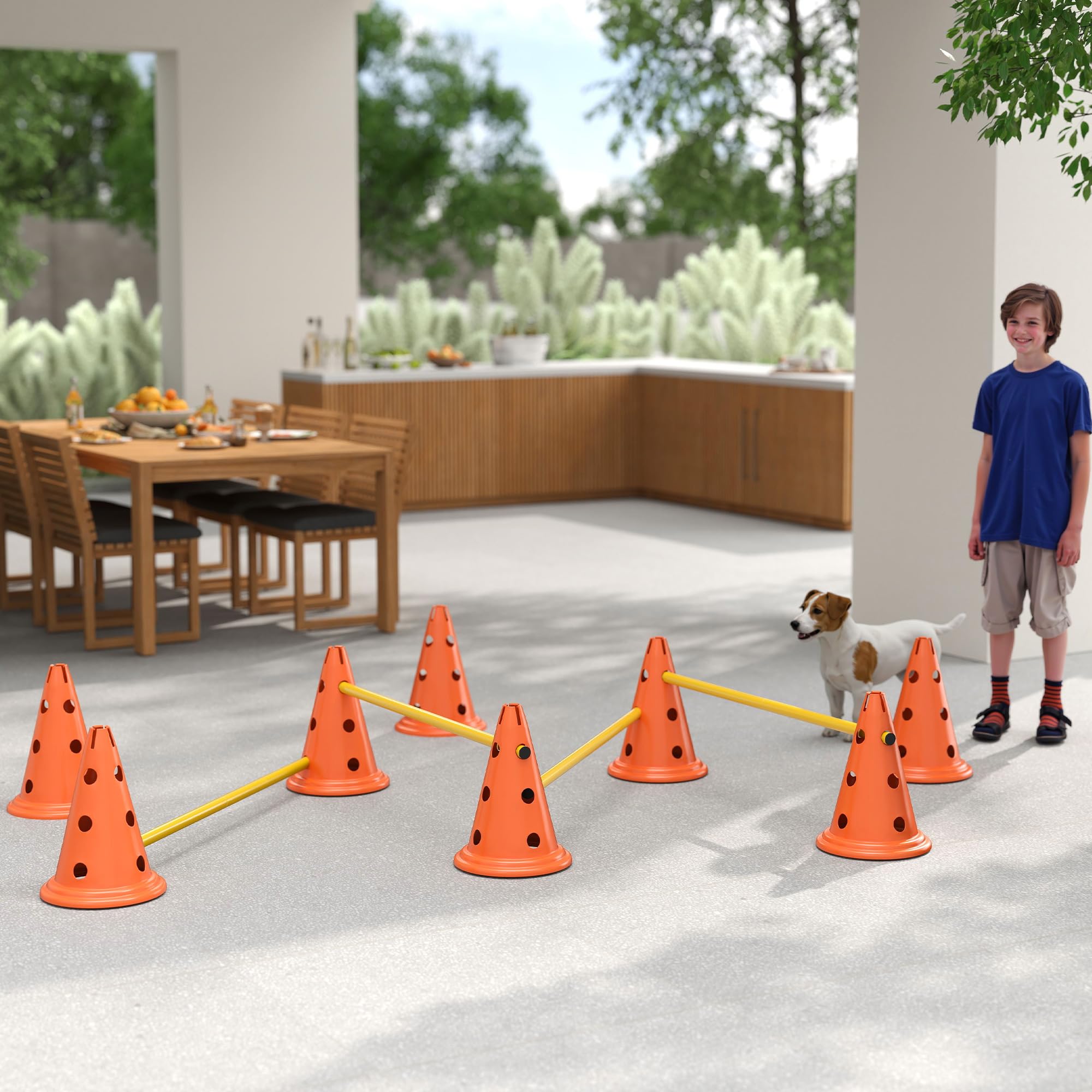 PawHut Juego de Agilidad para Perros, Vallas de Obstáculos de Entrenamiento de Coordinación, 8 Conos 30 cm de Altura, 4 Barras 80 cm de Longitud y Bolsa de Transporte, para Deporte de Fútbol y Perros