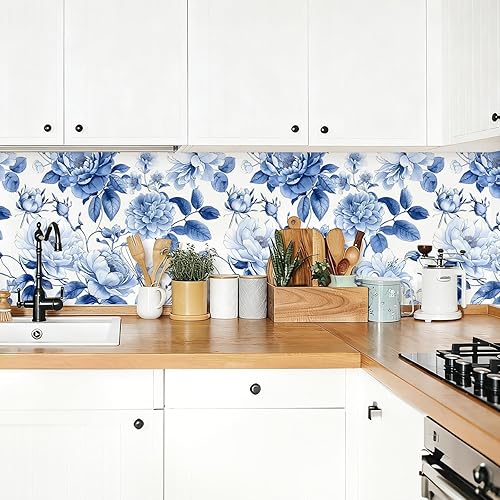 Miniatura 2 de Papel tapiz azul vintage elegante floral autoadhesivo para despegar y pegar, papel de contacto con hojas de peonía botánicas de acuarela blanca