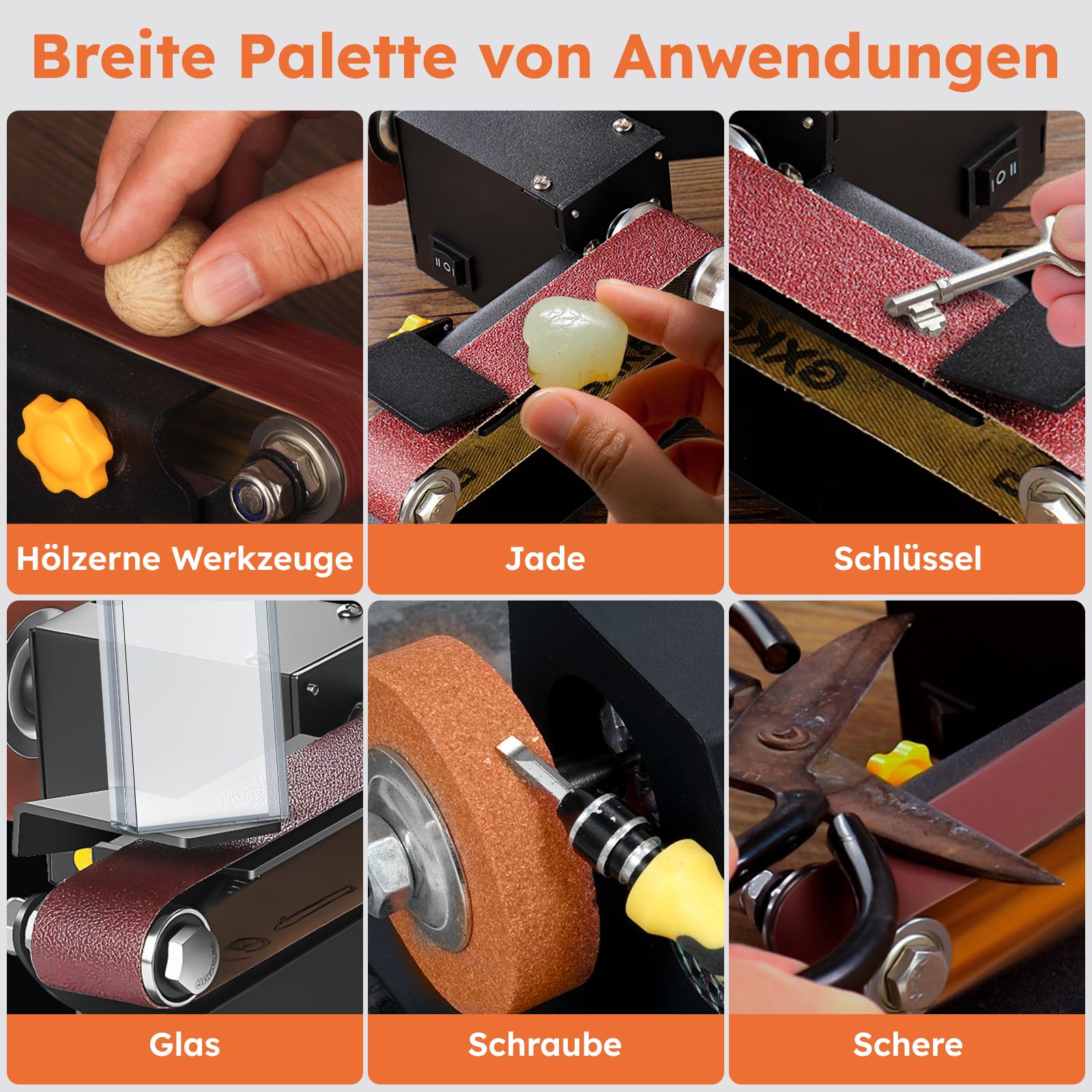 Mini Bandschleifer, 350W Elektrischer Bandschleifer, 7-Stufig Verstellbarer Polierer, DIY Polierschleifmaschine mit 10 Schleifbänder Geliefert, Schleifscheibe und Polierscheibe zum Polieren von Holz