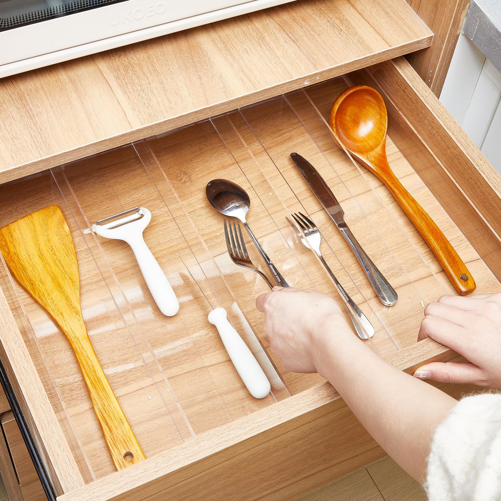 Organizador de cajones de cocina expandible, organizador de utensilios de acrílico transparente, almacenamiento de cubiertos de acrílico ajustable para cajones de cocina, cubiertos y 6