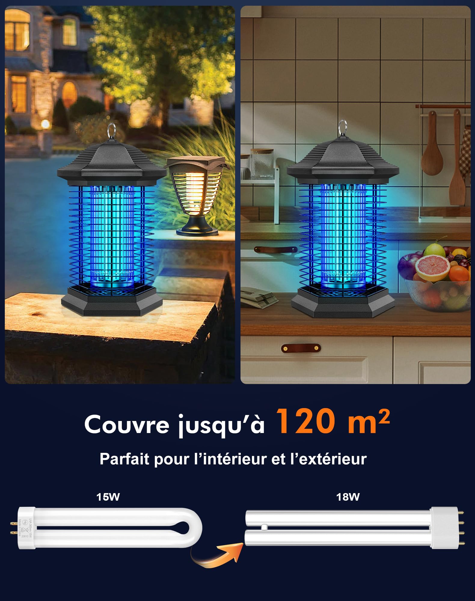 AMUFER Lampe Anti Moustique 18W 4400V Tue-Mouche Électrique IPX4 Étanche Tueur d'Insectes