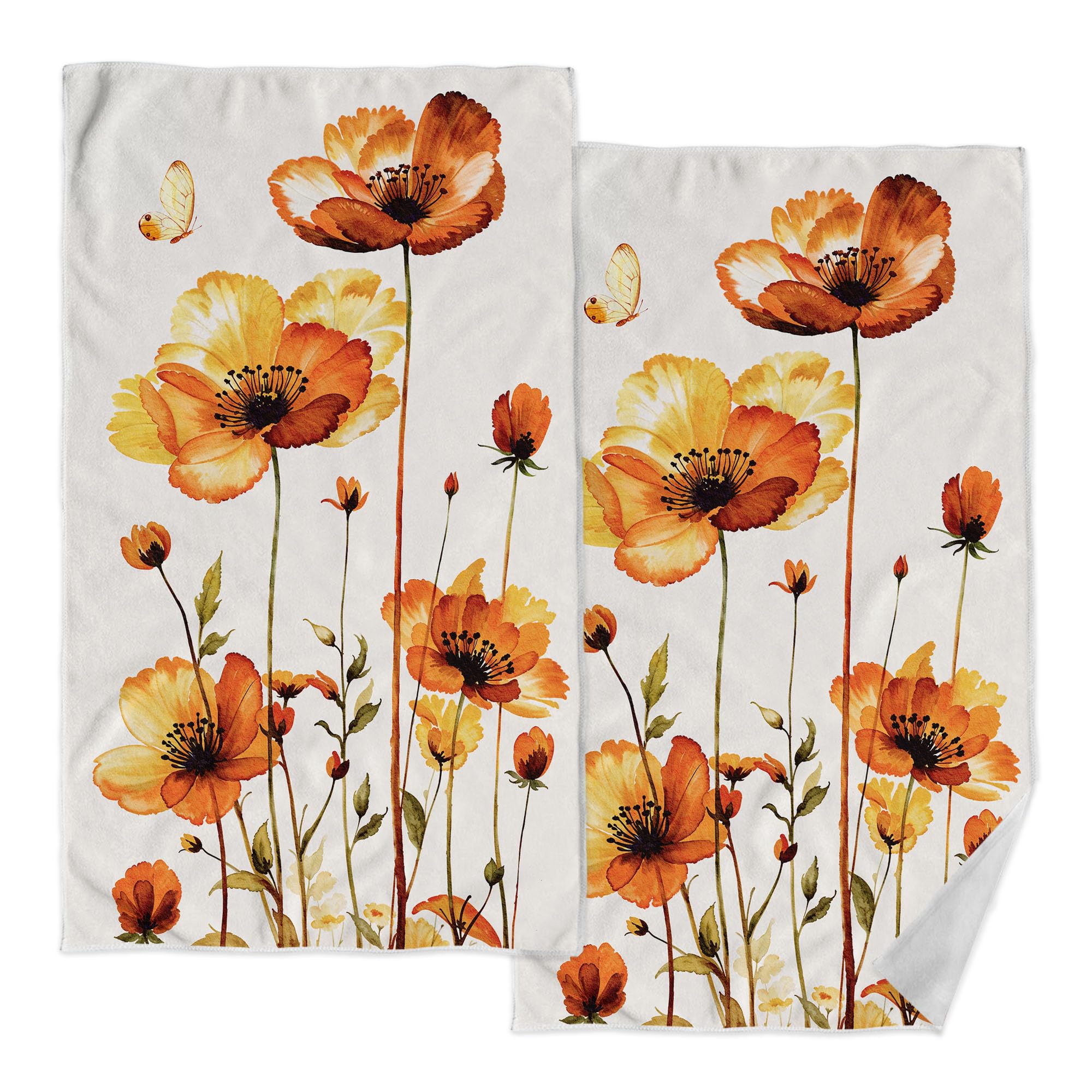 Zussun 2 Pack Orange Floral Bathroom Hand Towels Decorative Yellow Poppy Floral Dish Kitchen Towels 16x27 Inch Butterfly Leaves Plant Absorbent Soft