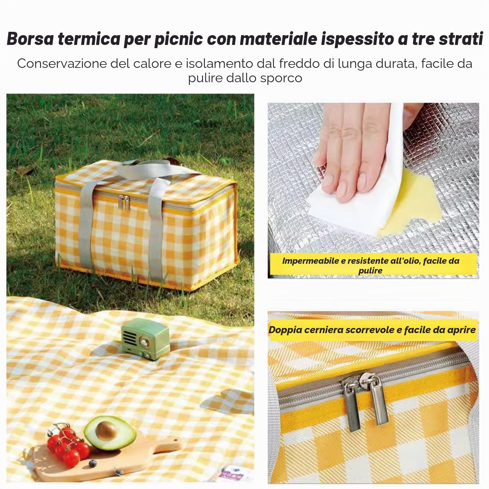 Cestini da picnic isolati, 35 x 20 x 20 cm, borsa termica da picnic da 15 l, con coperta da picnic da 150 x 200 cm, borse da spiaggia portatili impermeabili per attività all'aperto calde o fredde